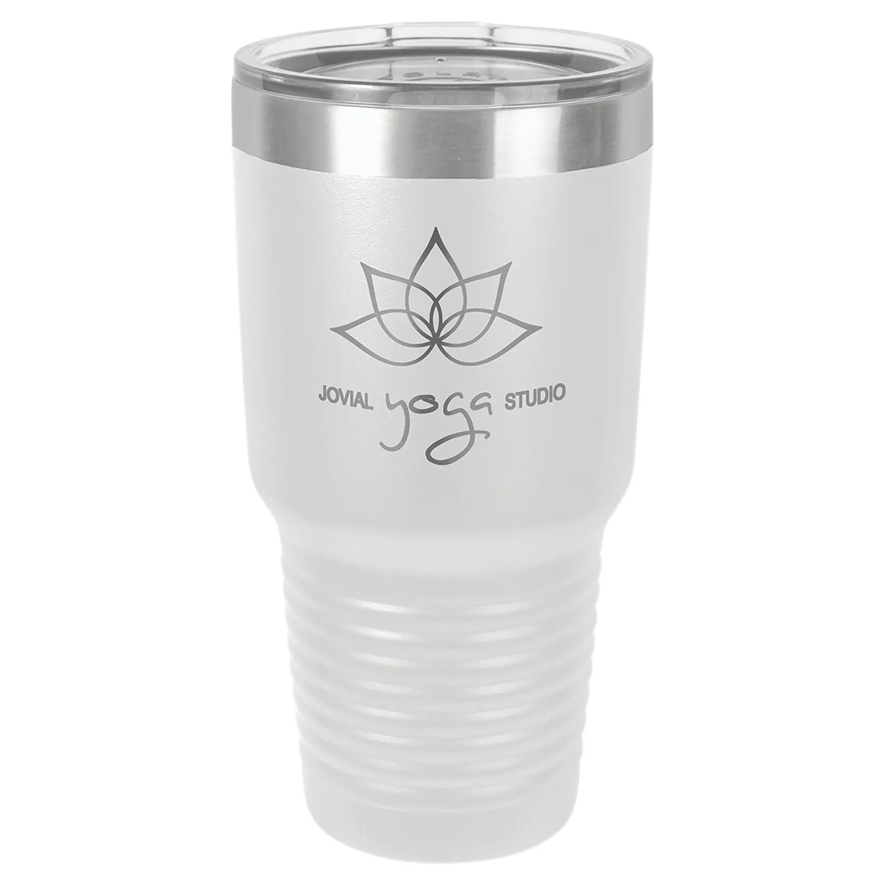 Personalized 30 oz white tumbler with custom logo on white background.