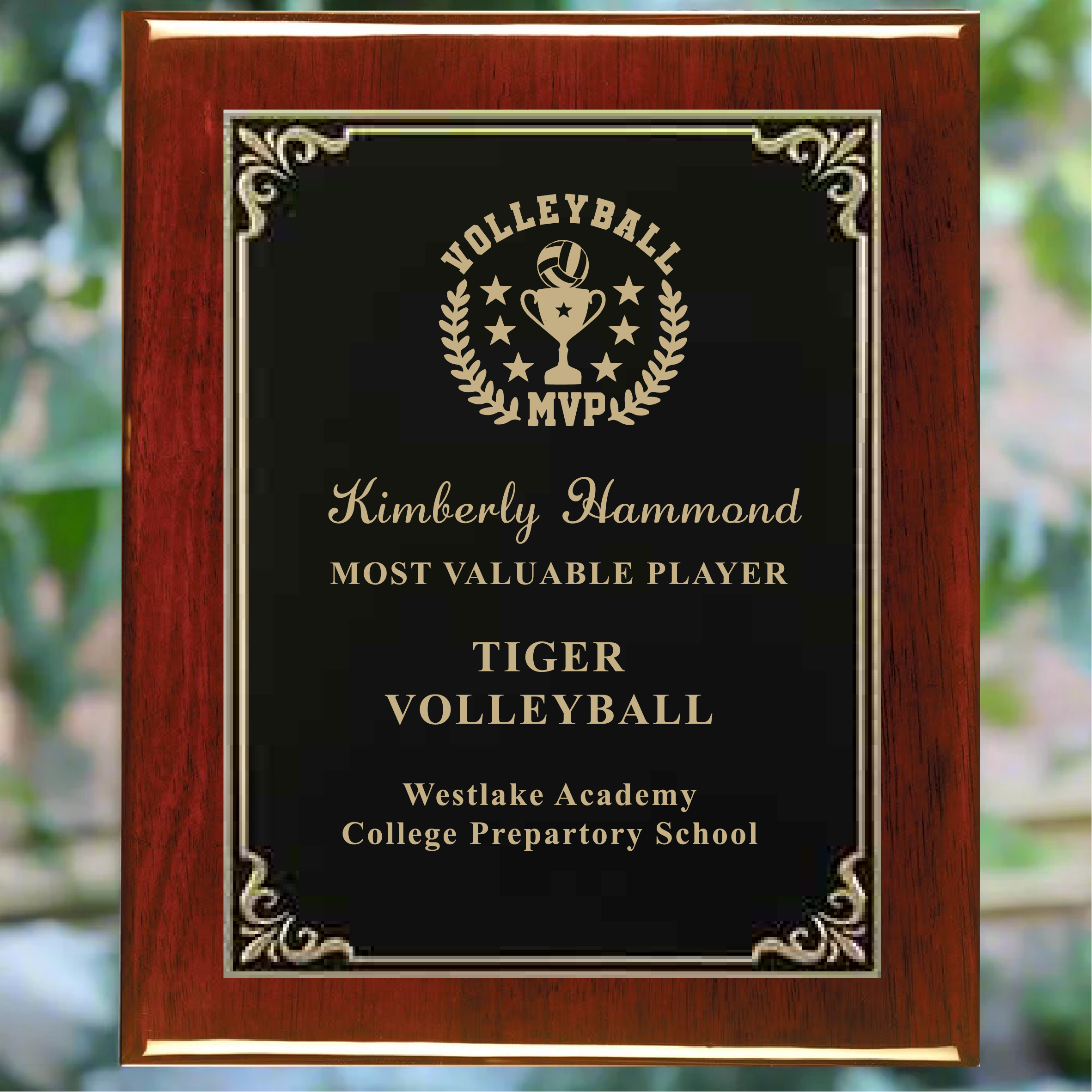 Personalized rosewood piano finish award plaque with black plate with gold trim, featuring custom text for a commitment to excellent customer engraving.