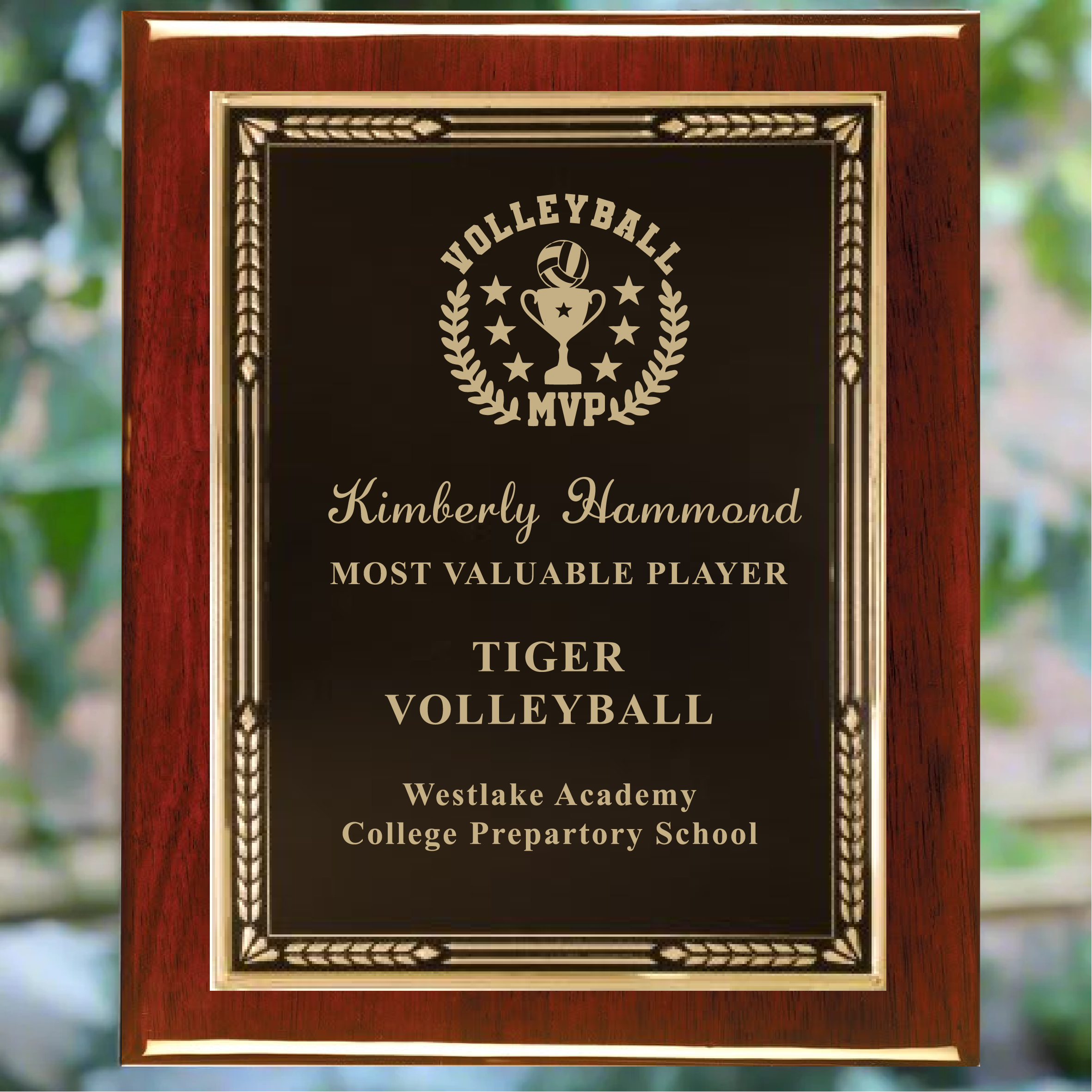 Personalized rosewood piano finish award plaque with black plate with gold trim, featuring custom engraving.