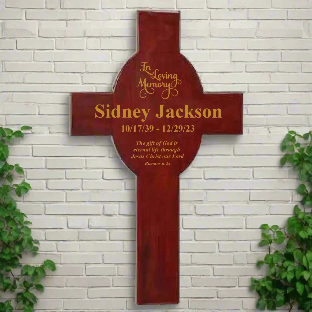 Personalized Rosewood Piano Finish Hanging Cross Plaque with Gold Engraving – Christian Memorial Gift Sams Engraving and Gifts