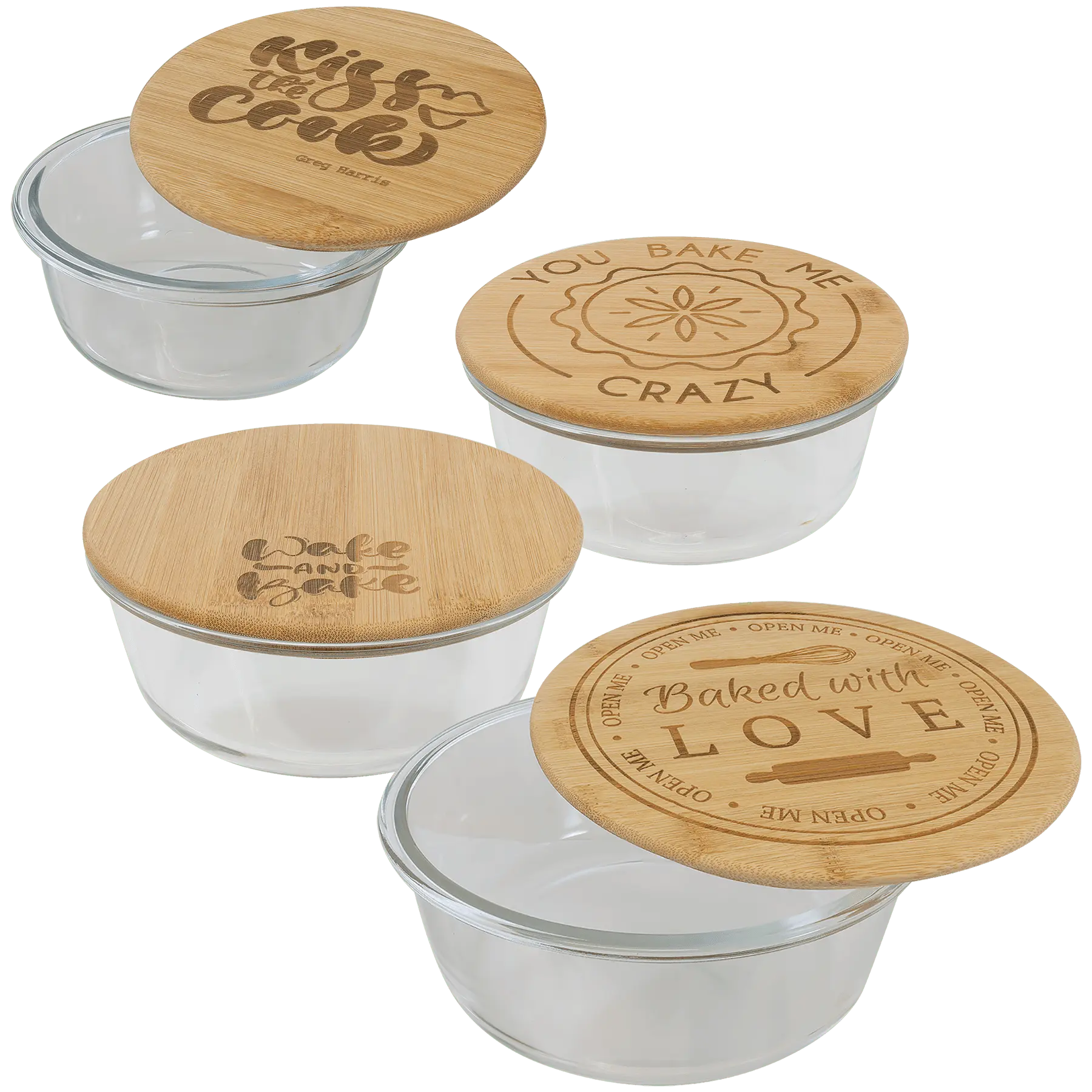 Personalized Round Glass Baking Dish & Food Storage Container with Bamboo Lid – 4 Sizes JDS