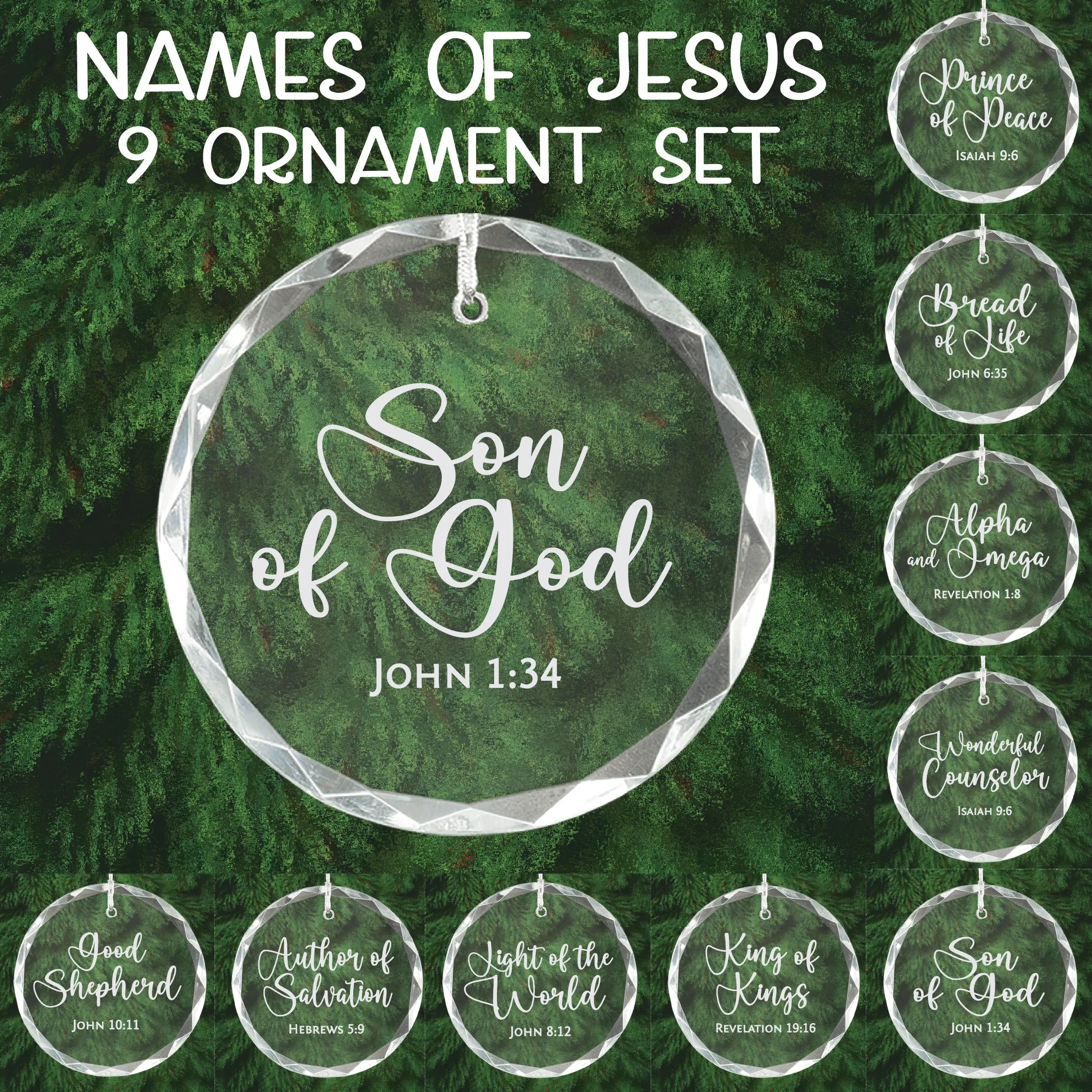 9 Names of Jesus Christian Glass Christmas Tree Ornament Set - Round, 3 1/4 inch  Sams Engraving and Gifts