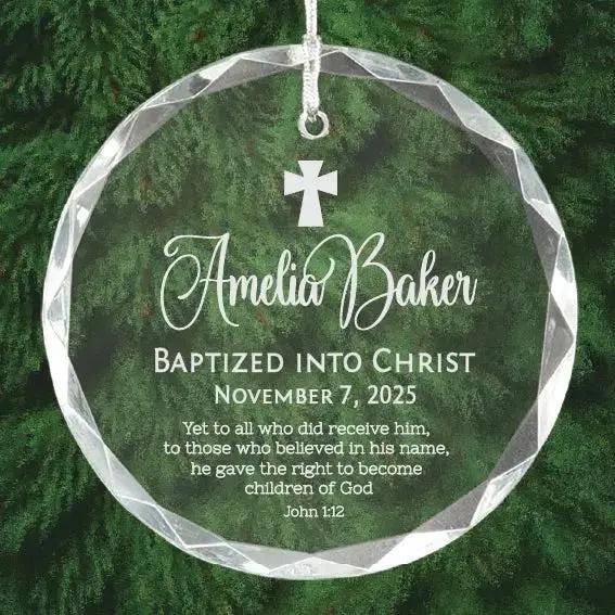 Personalized Baptism Glass Ornament – Custom Engraved Round 3.25" Keepsake (Copy)  Sams Engraving and Gifts