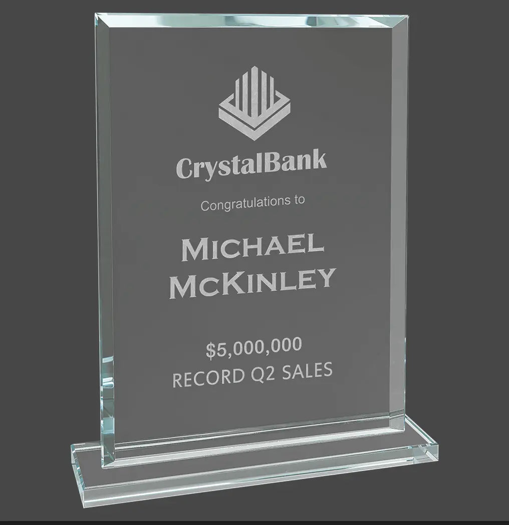 Rectangle Beveled Edge Glass Standing Award with Lined Presentation Box, 2 Sizes JDS