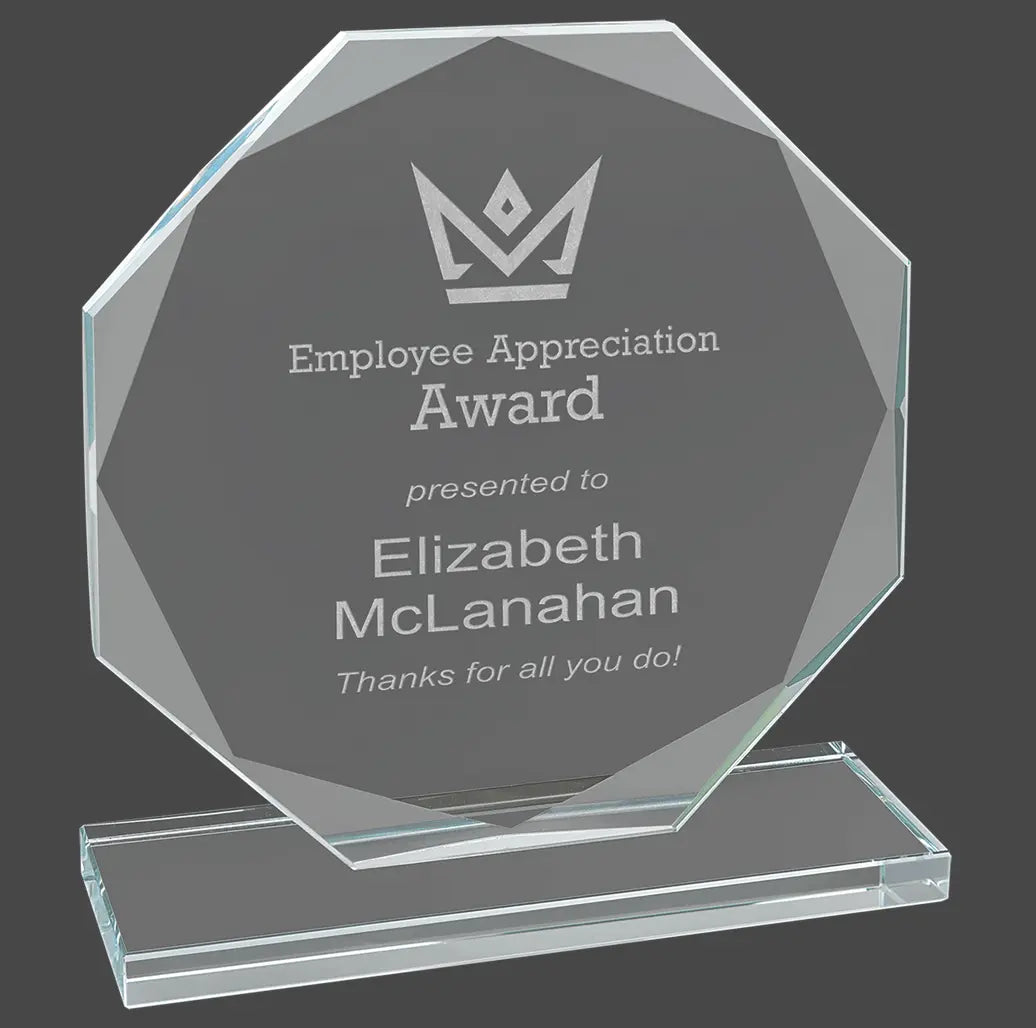 Octagon Beveled Edge Glass Standing Award with Lined Presentation Box, 2 Sizes JDS