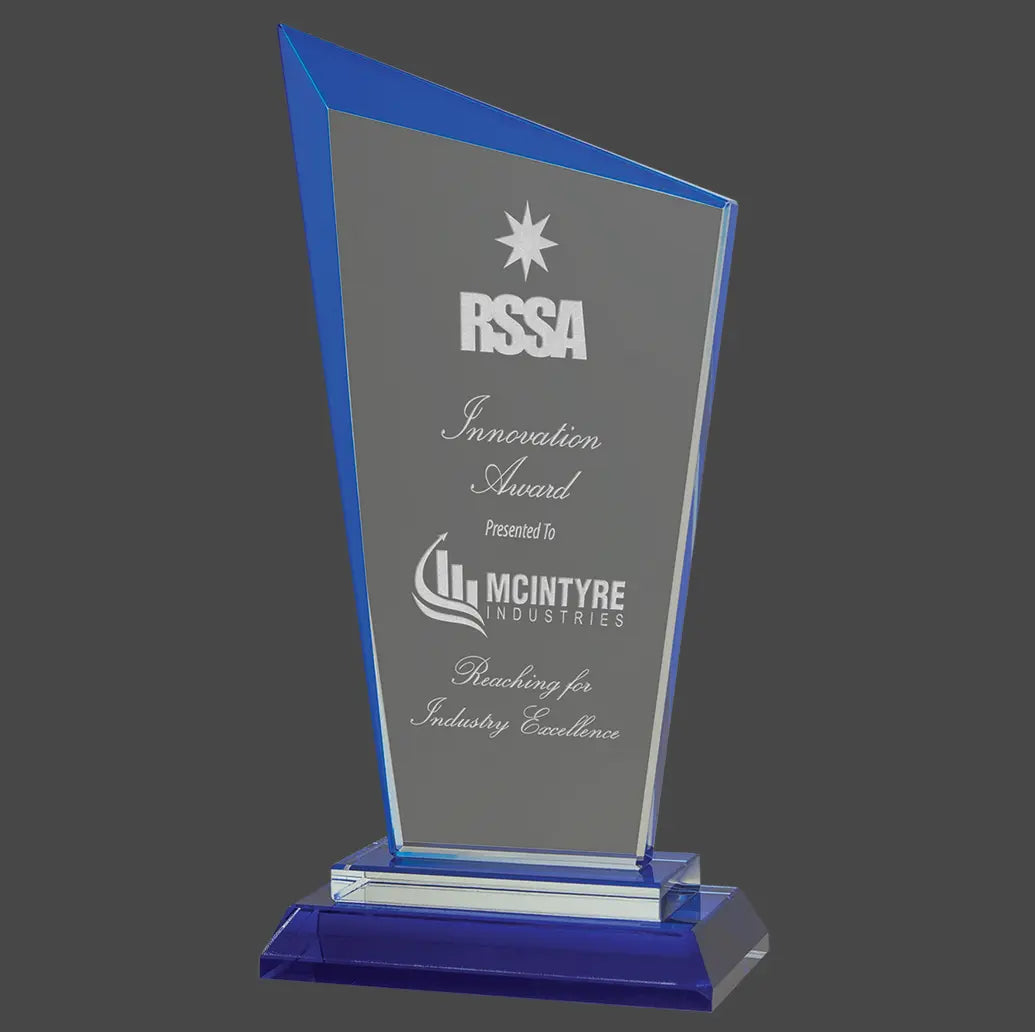 Razor Glass Beveled Edge Standing Award with Presentation Box, 2 Sizes & Colors JDS
