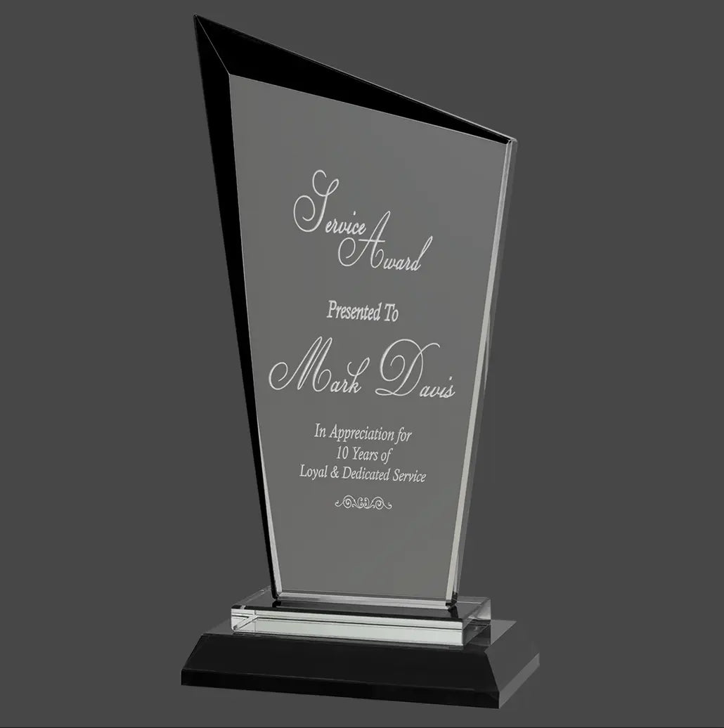 Razor Glass Beveled Edge Standing Award with Presentation Box, 2 Sizes & Colors JDS