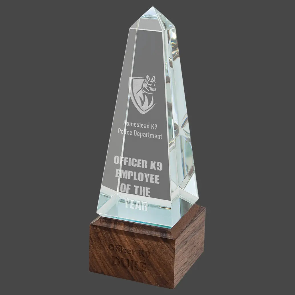 Sierra Glass Award with Walnut Base, 4 Styles, 2 Sizes, with Presentation Box JDS