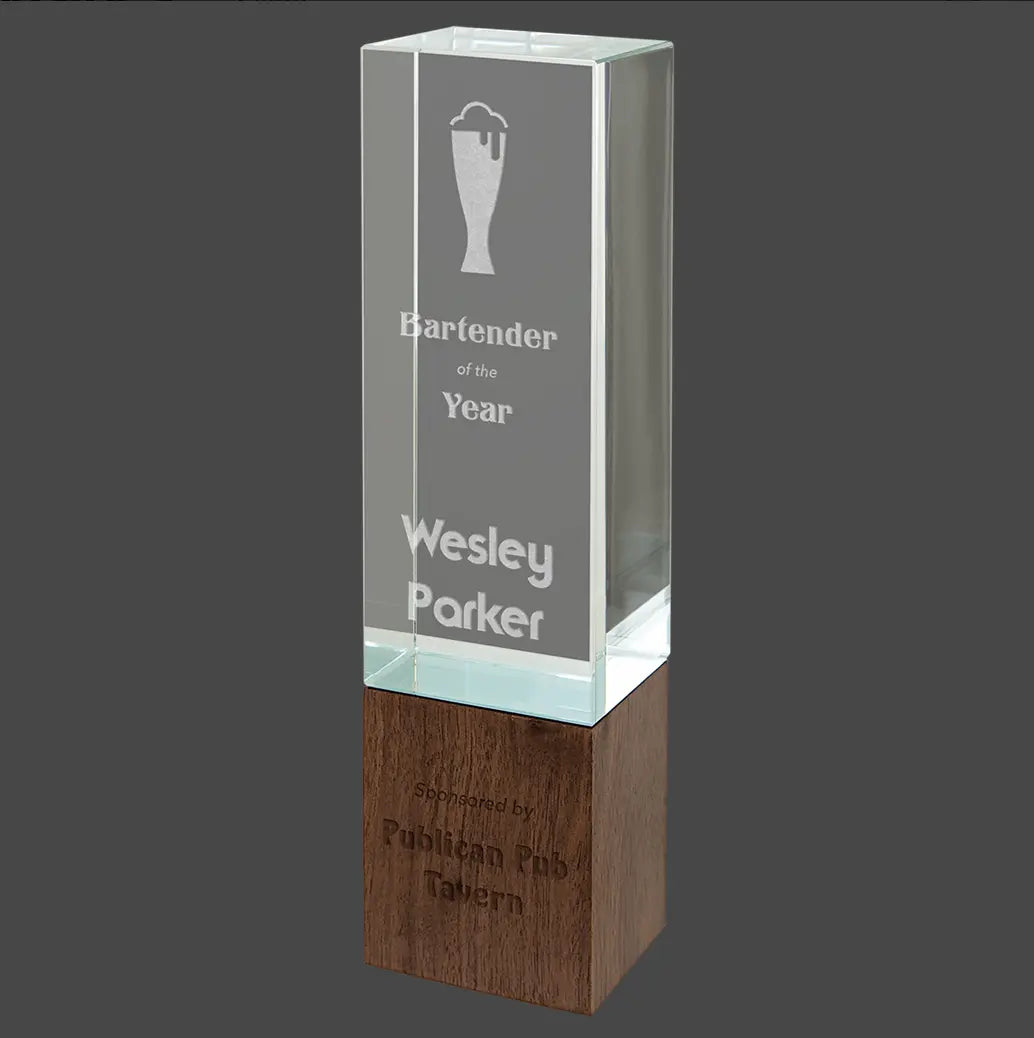 Sierra Glass Award with Walnut Base, 4 Styles, 2 Sizes, with Presentation Box JDS