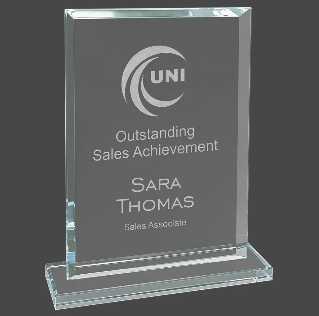 Rectangle Beveled Edge Glass Standing Award with Lined Presentation Box, 2 Sizes JDS