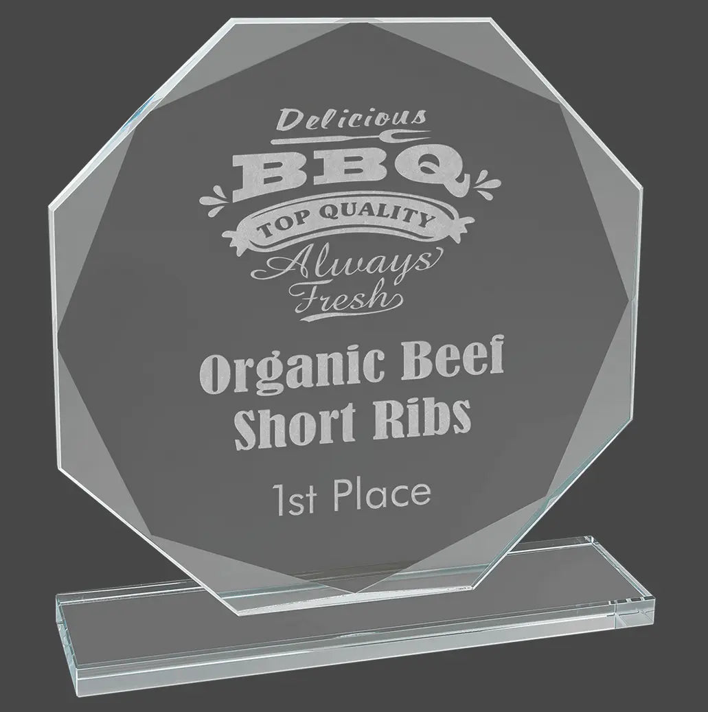 Octagon Beveled Edge Glass Standing Award with Lined Presentation Box, 2 Sizes JDS