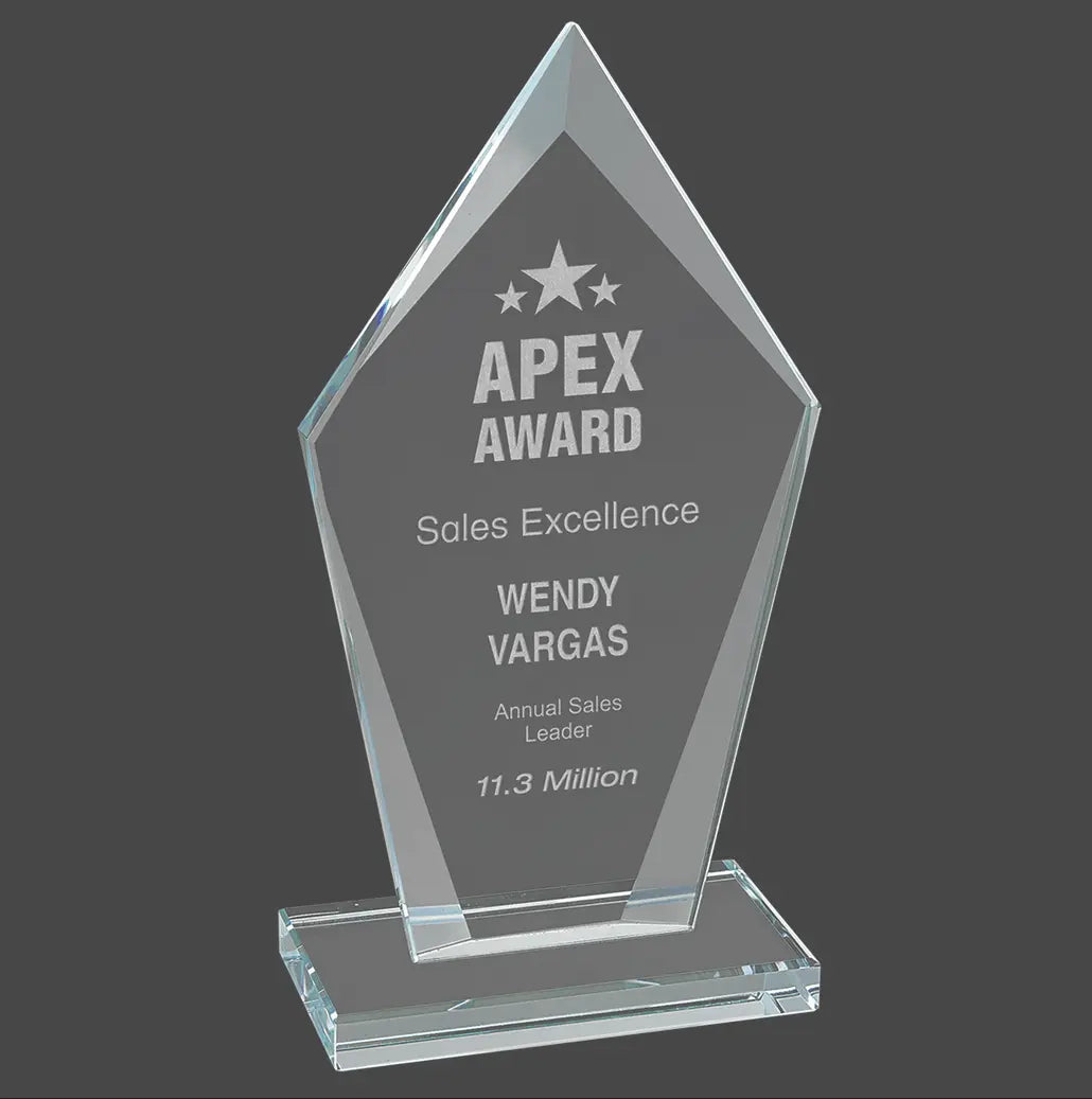 Diamond Beveled Edge Glass Standing Award with Lined Presentation Box, 2 Sizes JDS