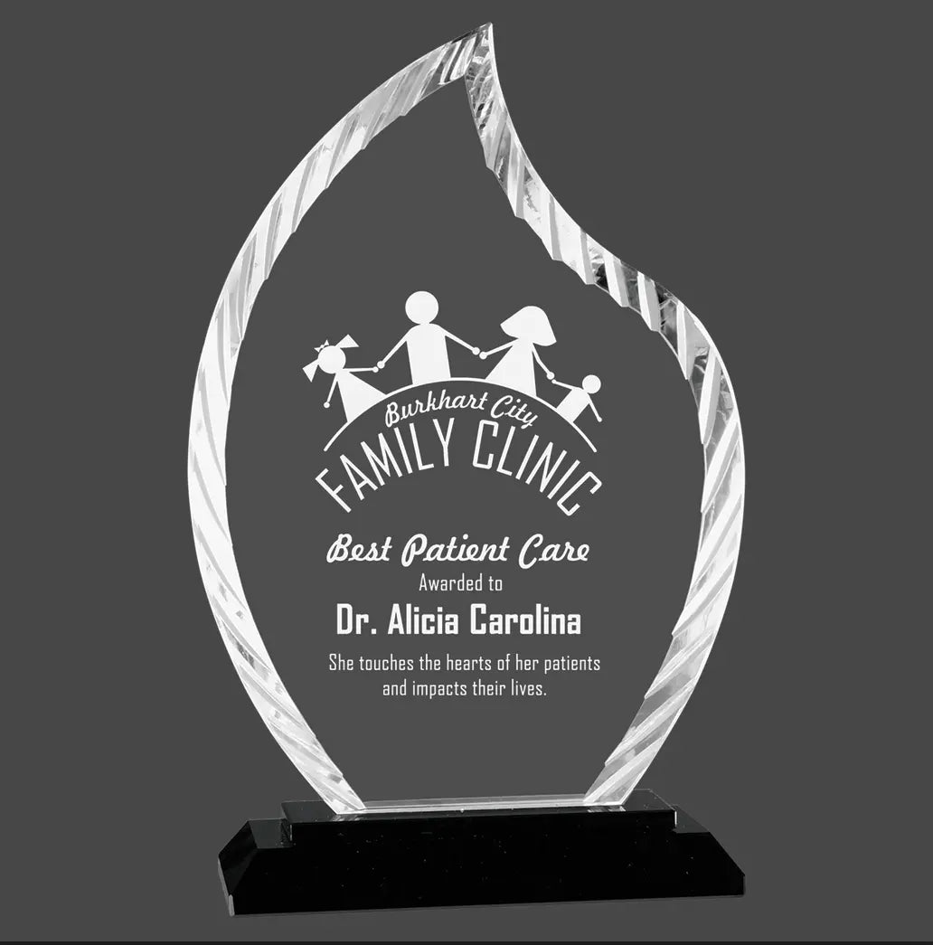 Flame Accent Glass Standing Award with Lined Presentation Box, 2 Sizes & Colors JDS