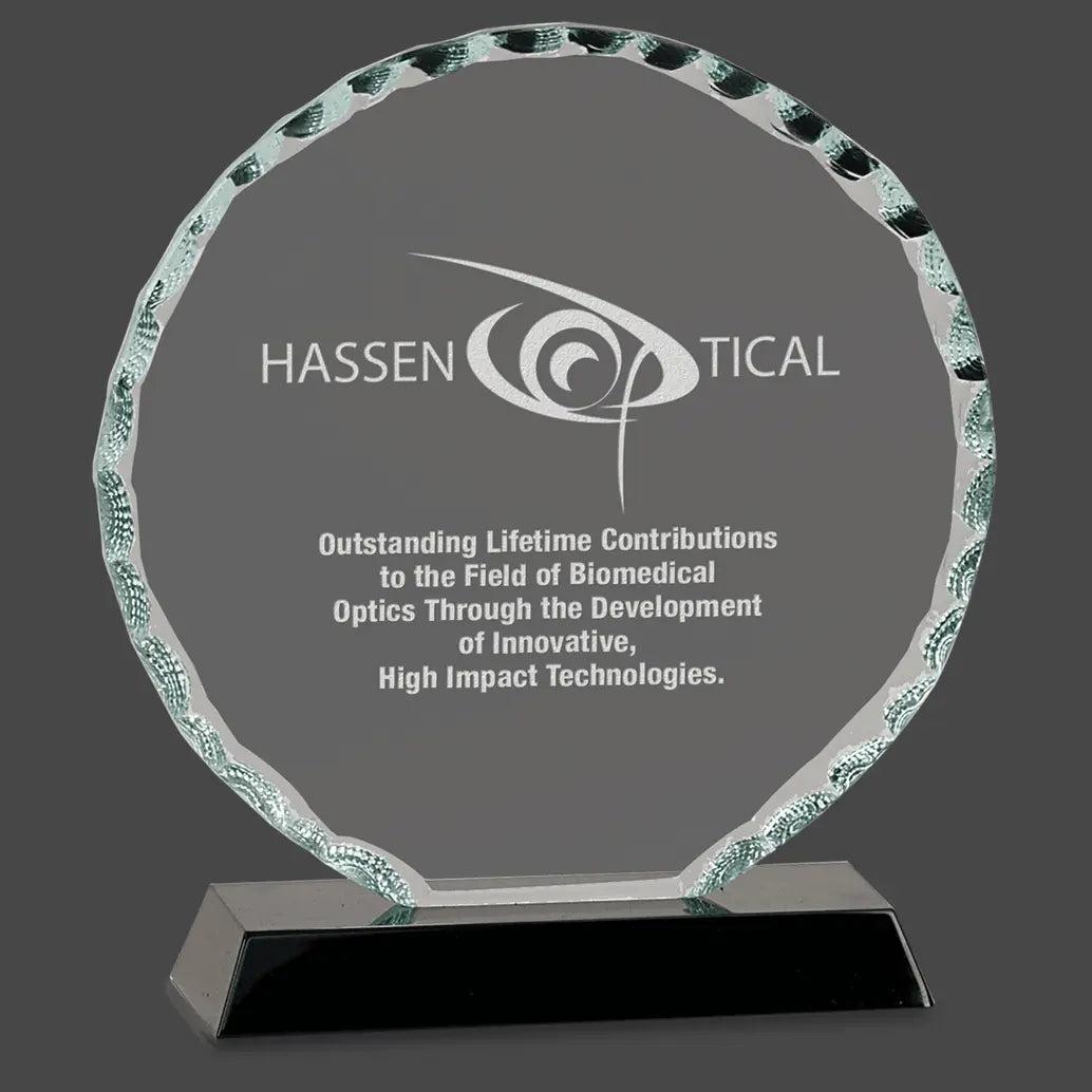 Round Facet Premier Glass Standing Award on Black Base, 2 Sizes JDS