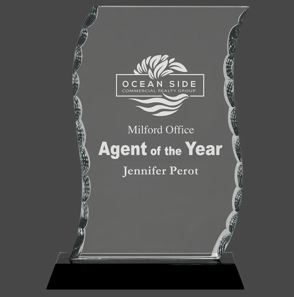 Scroll Facet Premier Glass Standing Award on Black Base, 2 Sizes JDS