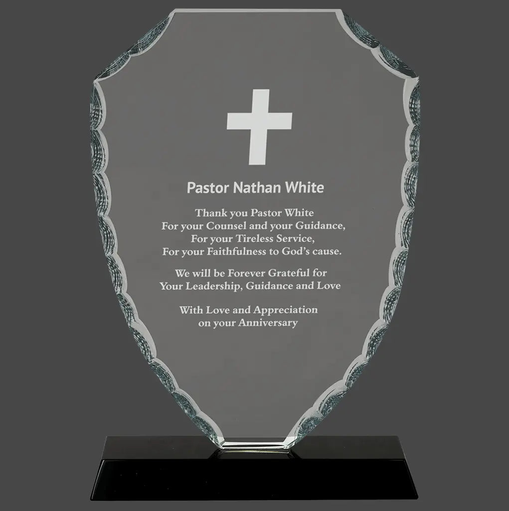 Shield Facet Premier Glass Standing Award on Black Base, 2 Sizes JDS