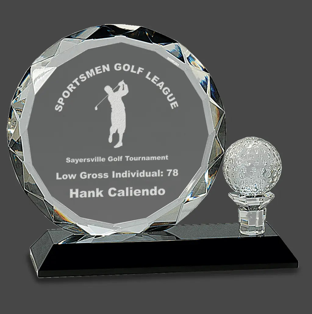 Round Facet Crystal Award with Golf Ball on Black Pedestal Base with Lined Presentation Box, 2 Sizes JDS