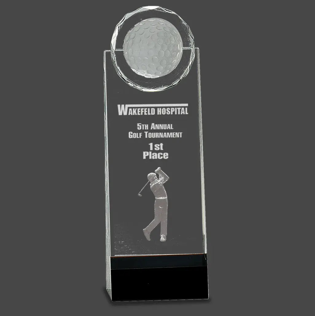 Premier Crystal Standing Golf Award featuring 3D Golfer with Lined Presentation Box, 2 Sizes JDS