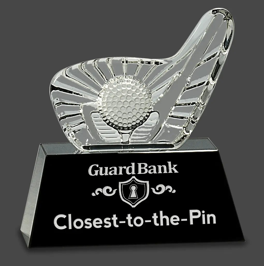 Premier Crystal Golf Award featuring Club & Ball on Black Base with Lined Presentation Box, 6" JDS