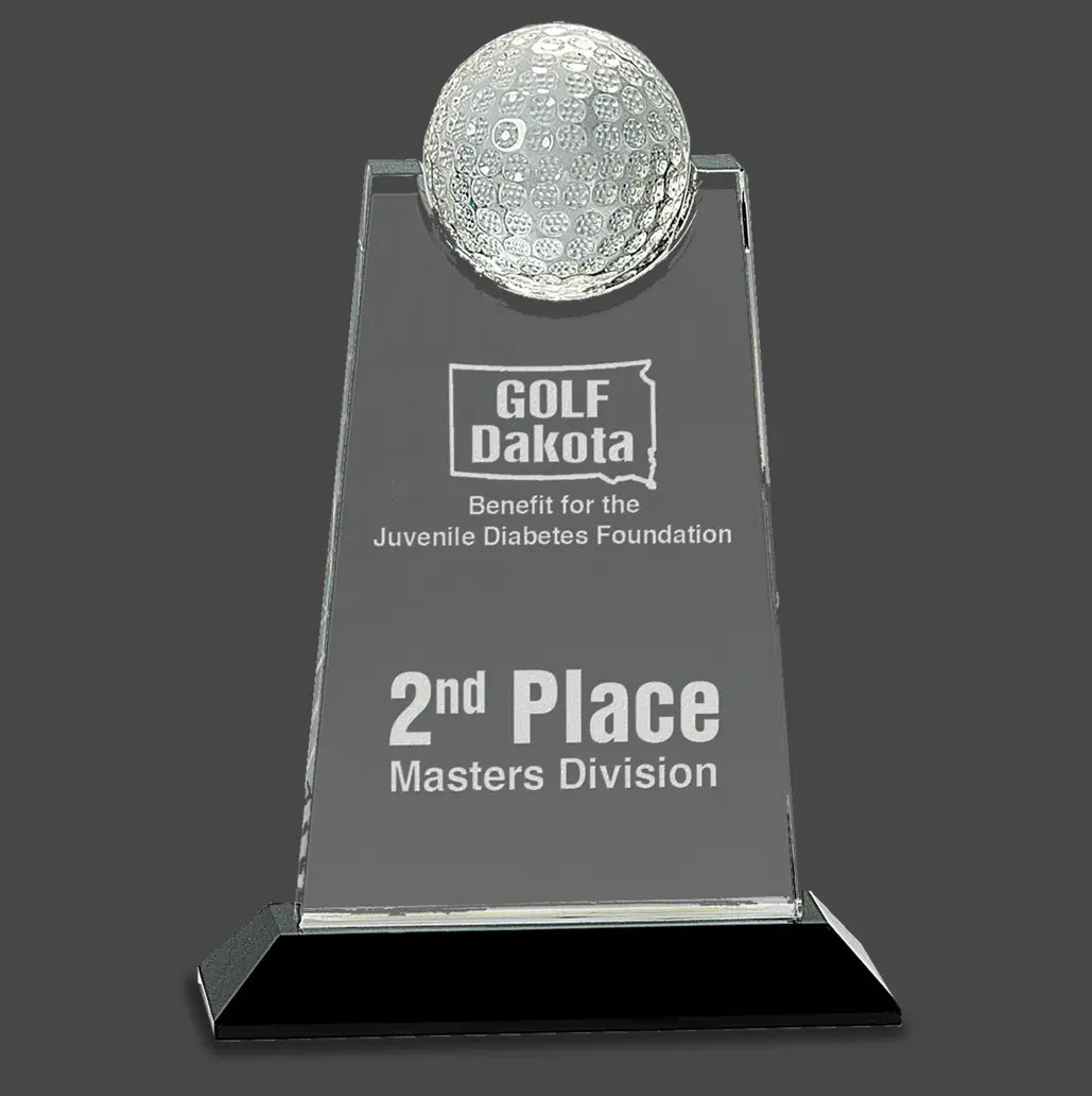 Premier Crystal Tablet Award with Inset Golf Ball on Black Pedestal Base, Includes Lined Presentation Box, 9" JDS