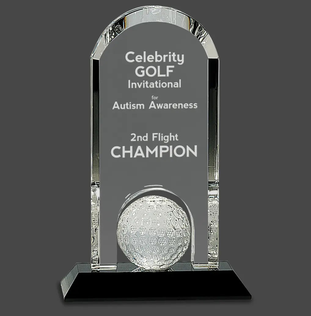 Premier Crystal Dome Award with Inset Golf Ball on Black Pedestal Base, Includes Lined Presentation Box, 9" JDS