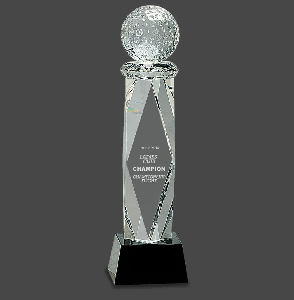 Premier Crystal Award with Golf Ball on Facet Column and Black Base, Includes Lined Presentation Box, 10.75" JDS
