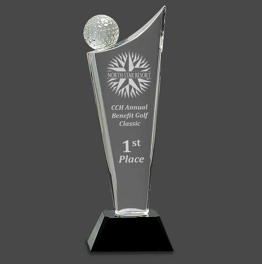 Premier Crystal Award with Golf Ball on Wave with Black Base, Includes Lined Presentation Box, 10.75" JDS