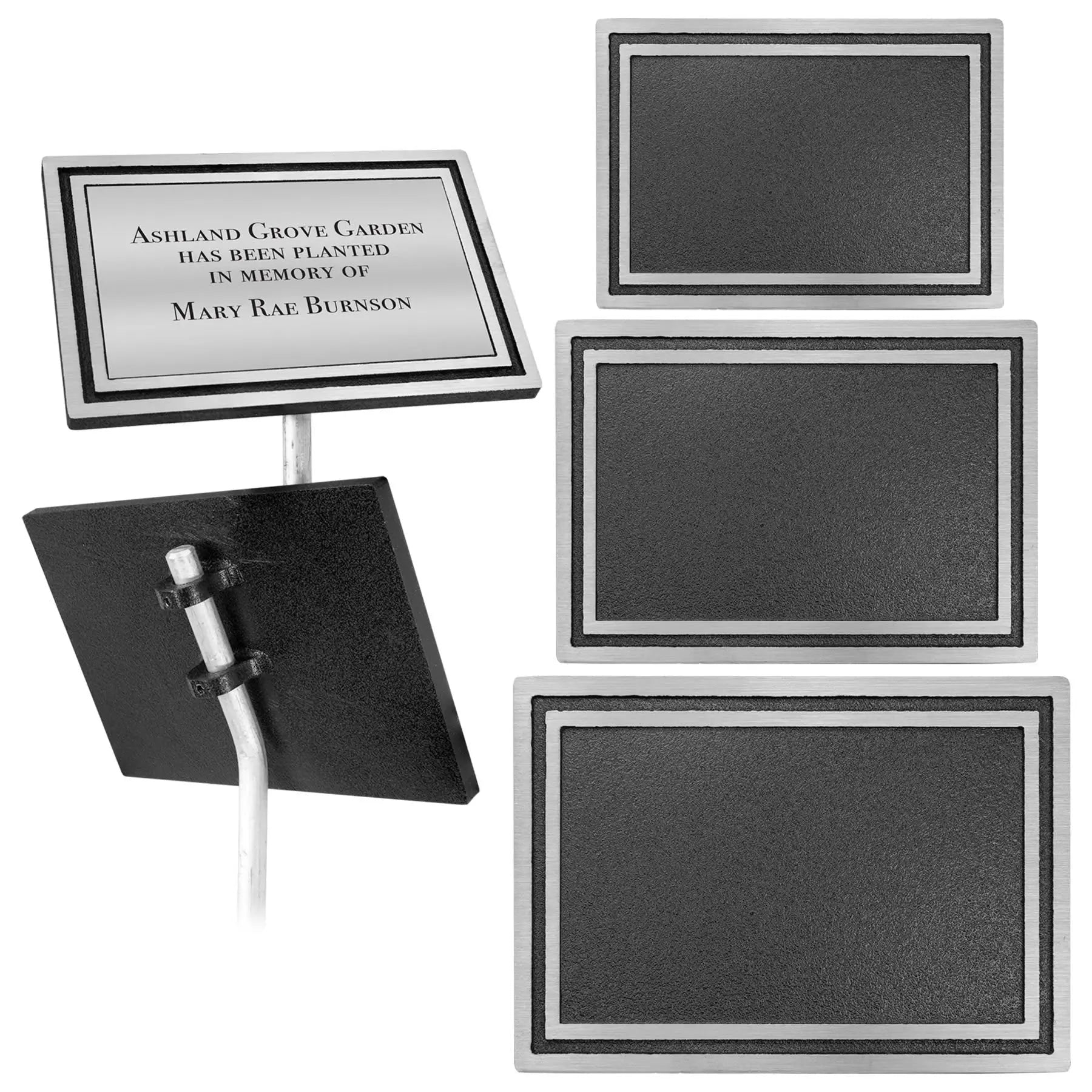 Custom Engraved Cast Aluminum Rectangle Outdoor Ground Sign with 24" Aluminum Rod, 3 Sizes, Silver/Black JDS