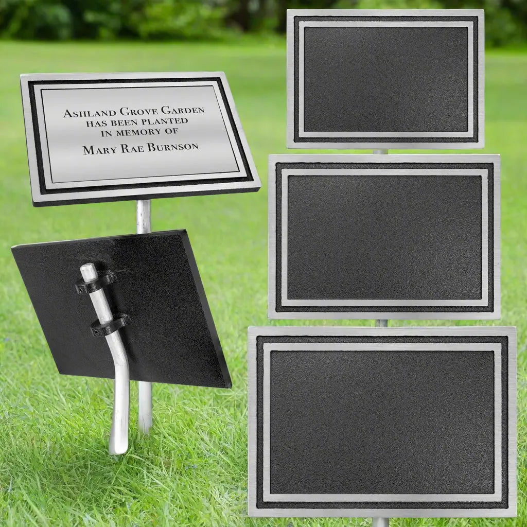 Custom Engraved Cast Aluminum Rectangle Outdoor Ground Sign with 24" Aluminum Rod, 3 Sizes, Silver/Black JDS