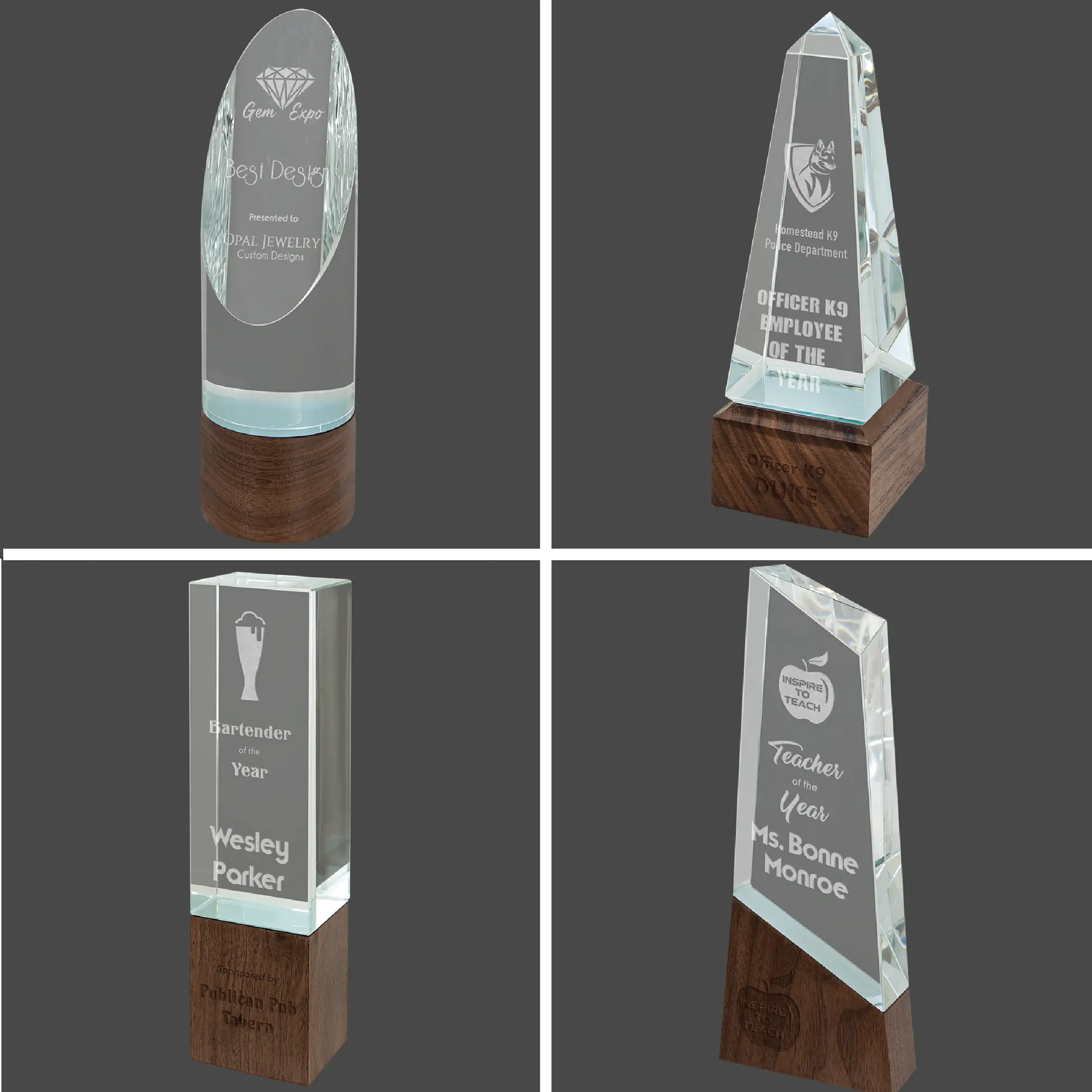 Sierra Glass Award with Walnut Base, 4 Styles, 2 Sizes, with Presentation Box JDS