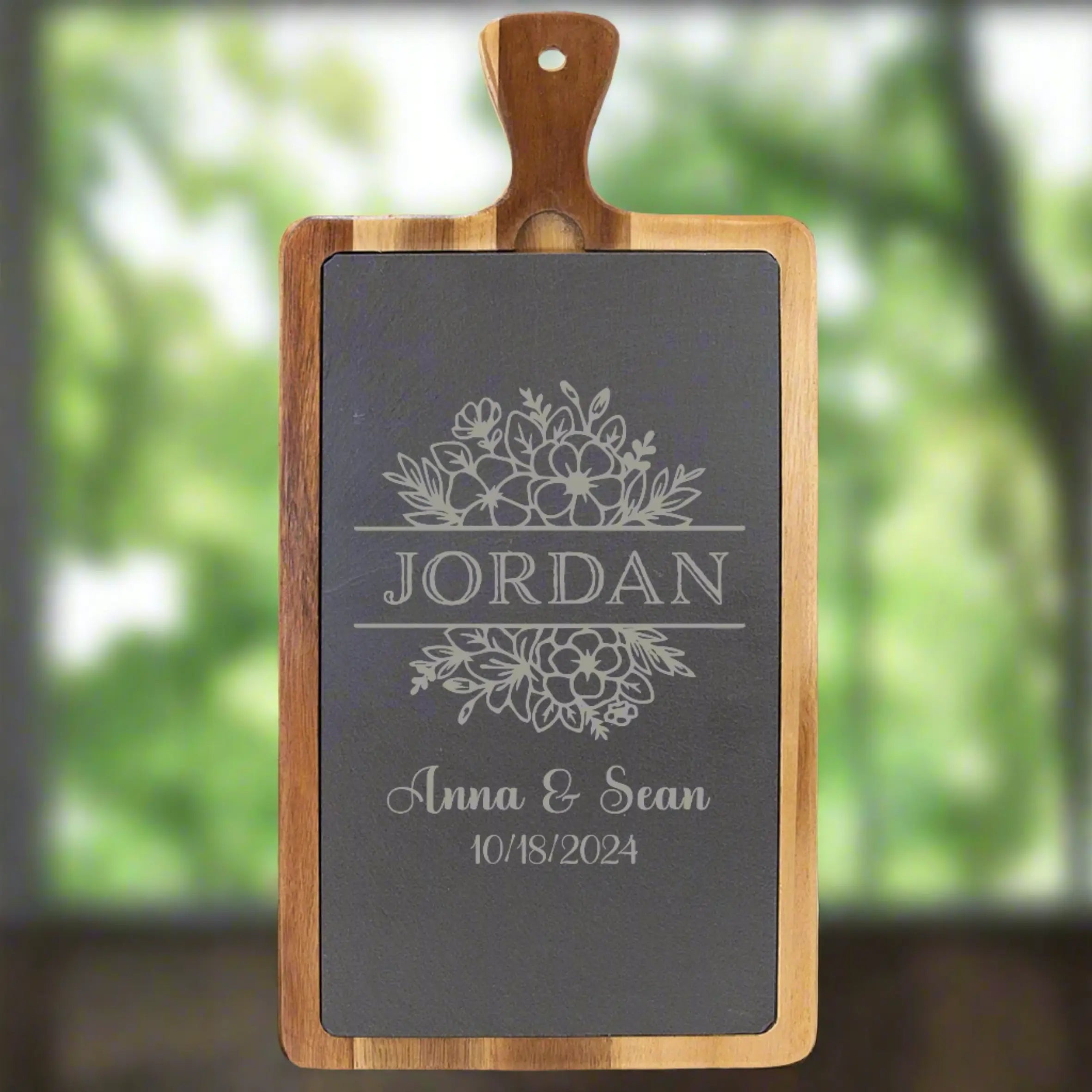 Personalized Slate Charcuterie Cutting Board with Handle, Acacia Wood &  Natural Slate, 16 " x 7.75″ JDS
