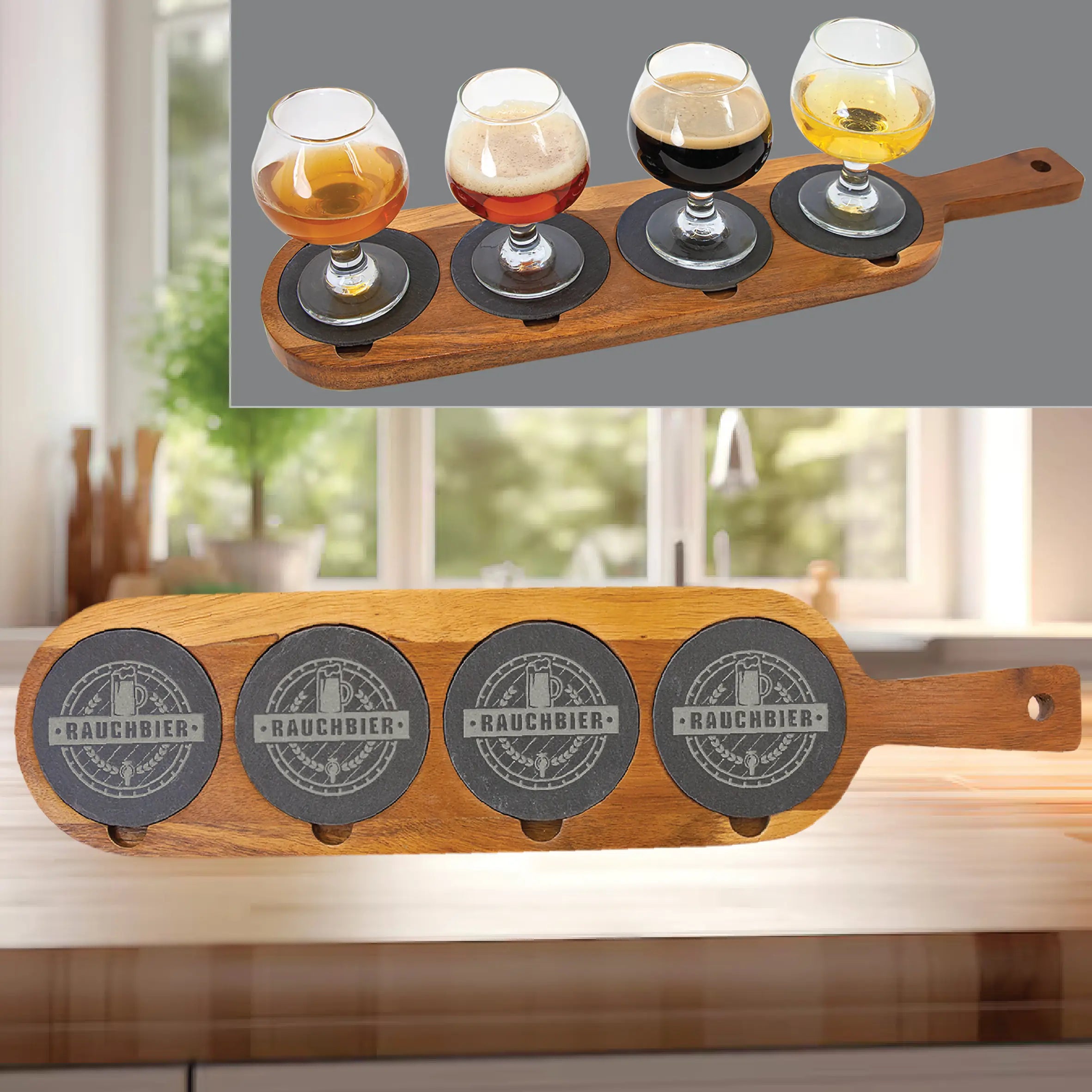 Personalized 4-Piece Serving Flight Board with Handle and Removable Slate Coasters, Acacia Wood JDS