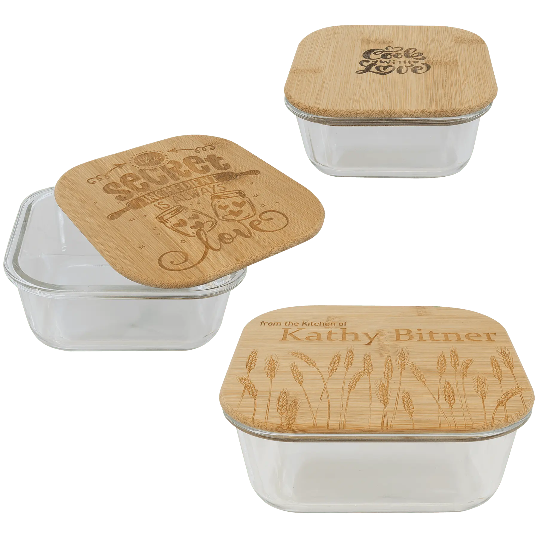 Personalized Square Glass Baking Dish & Food Storage Container with Bamboo Lid – 3 Sizes JDS