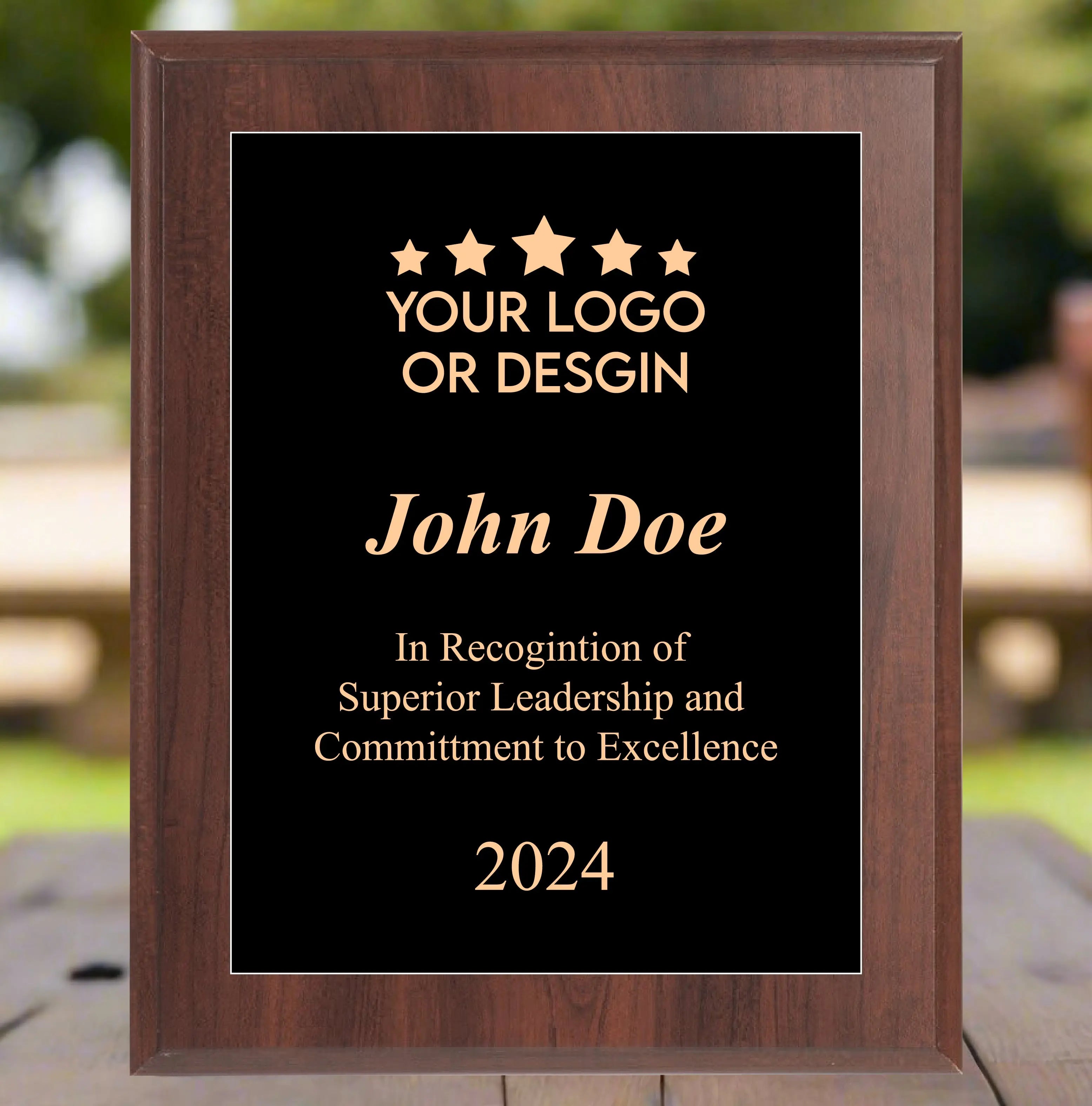 Economy Rounded Bevel Edge Cherry Finish Plaque with Front Plate Color Options and 4 Border Options, 2 Sizes JDS