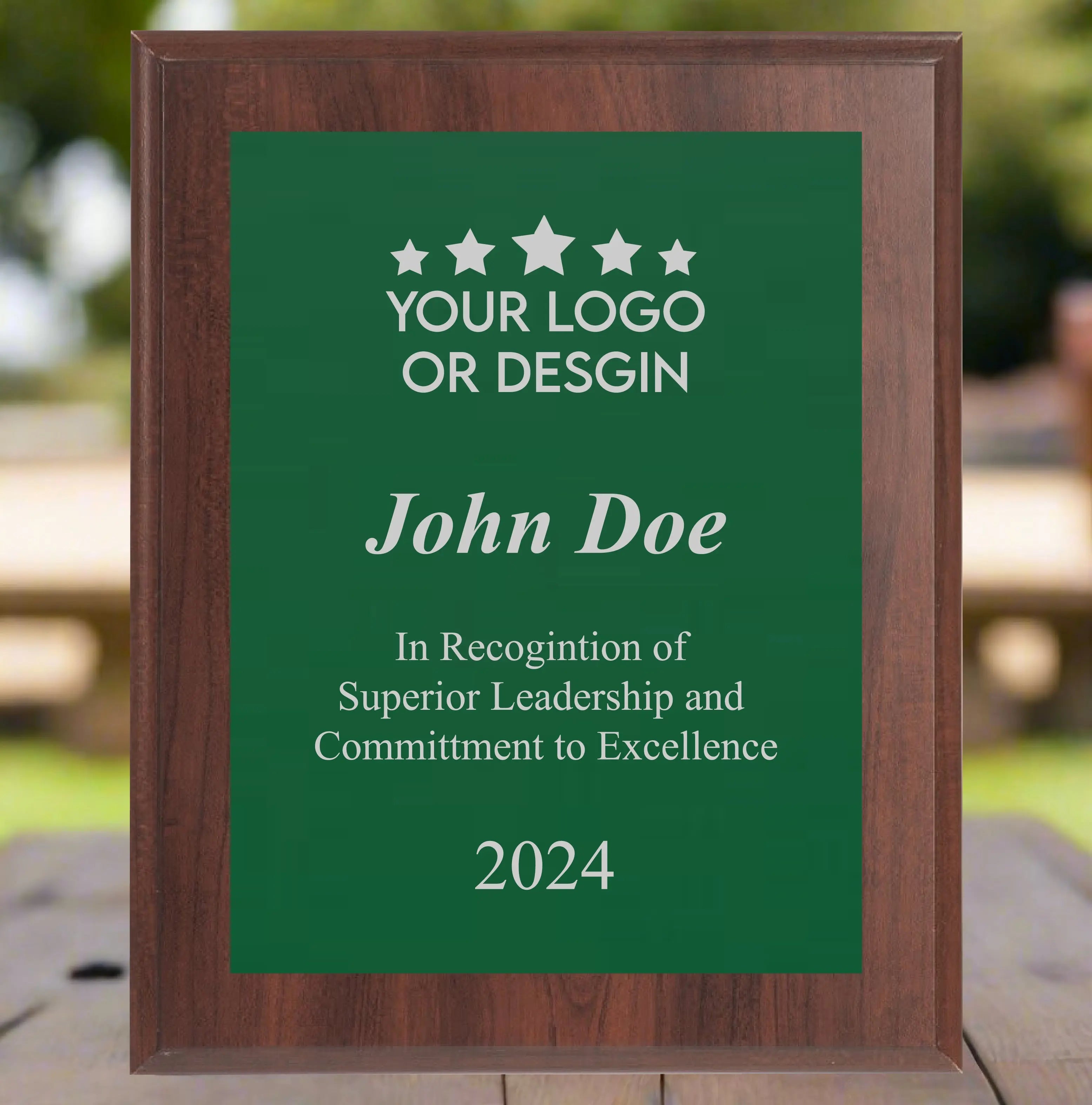 Economy Rounded Bevel Edge Cherry Finish Plaque with Front Plate Color Options and 4 Border Options, 2 Sizes JDS