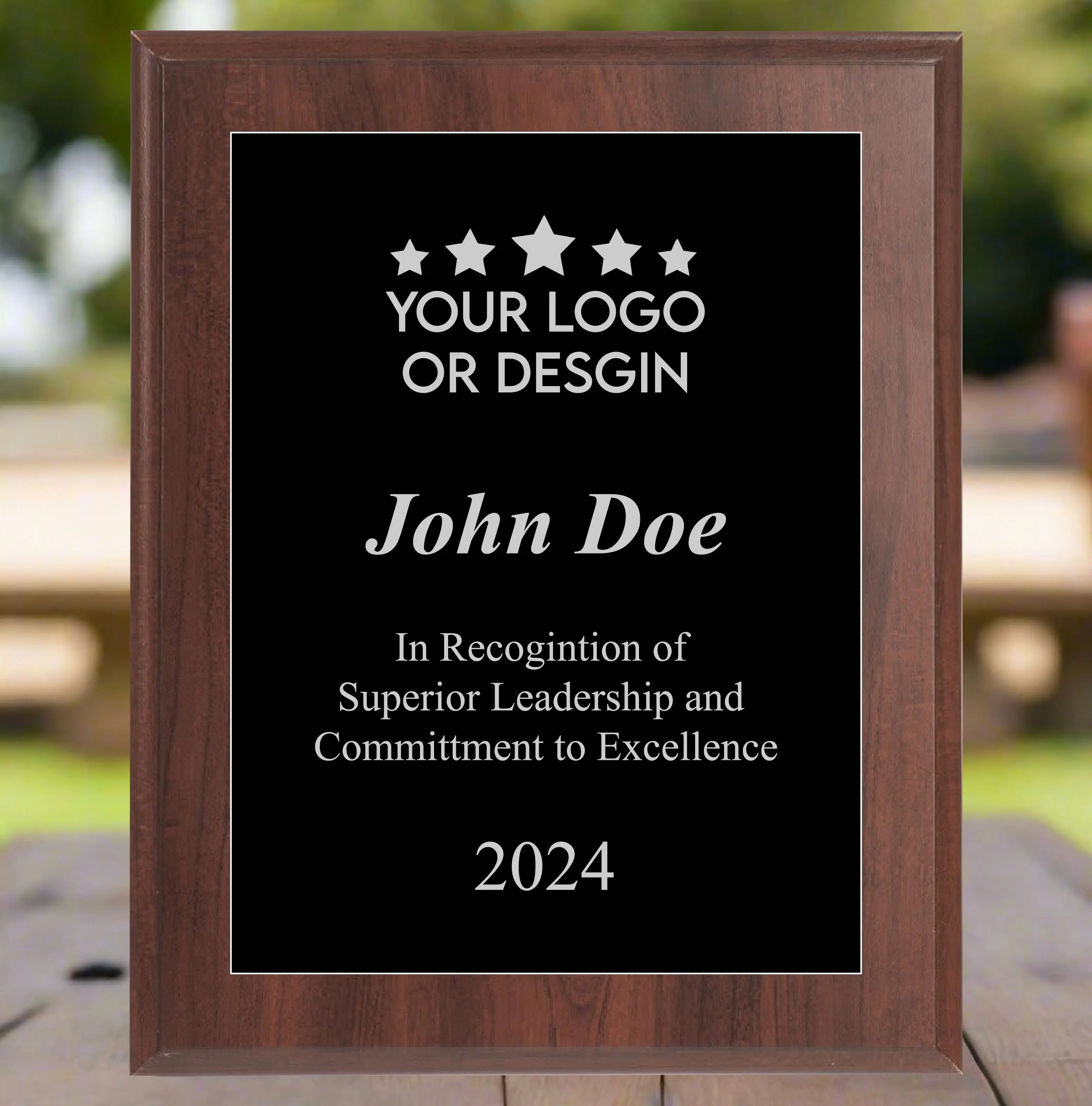 Economy Rounded Bevel Edge Cherry Finish Plaque with Front Plate Color Options and 4 Border Options, 2 Sizes JDS