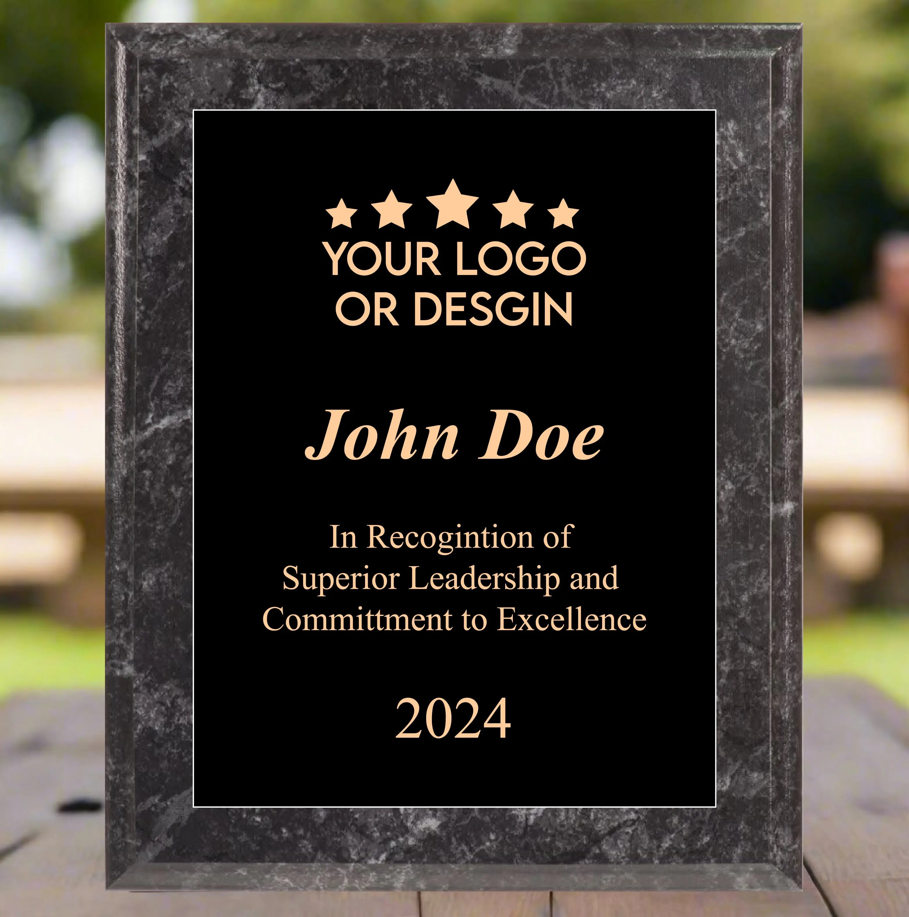 Economy Rounded Bevel Edge Black Marble Finish Plaque with Front Plate Color Options and 4 Border Options, 2 Sizes JDS