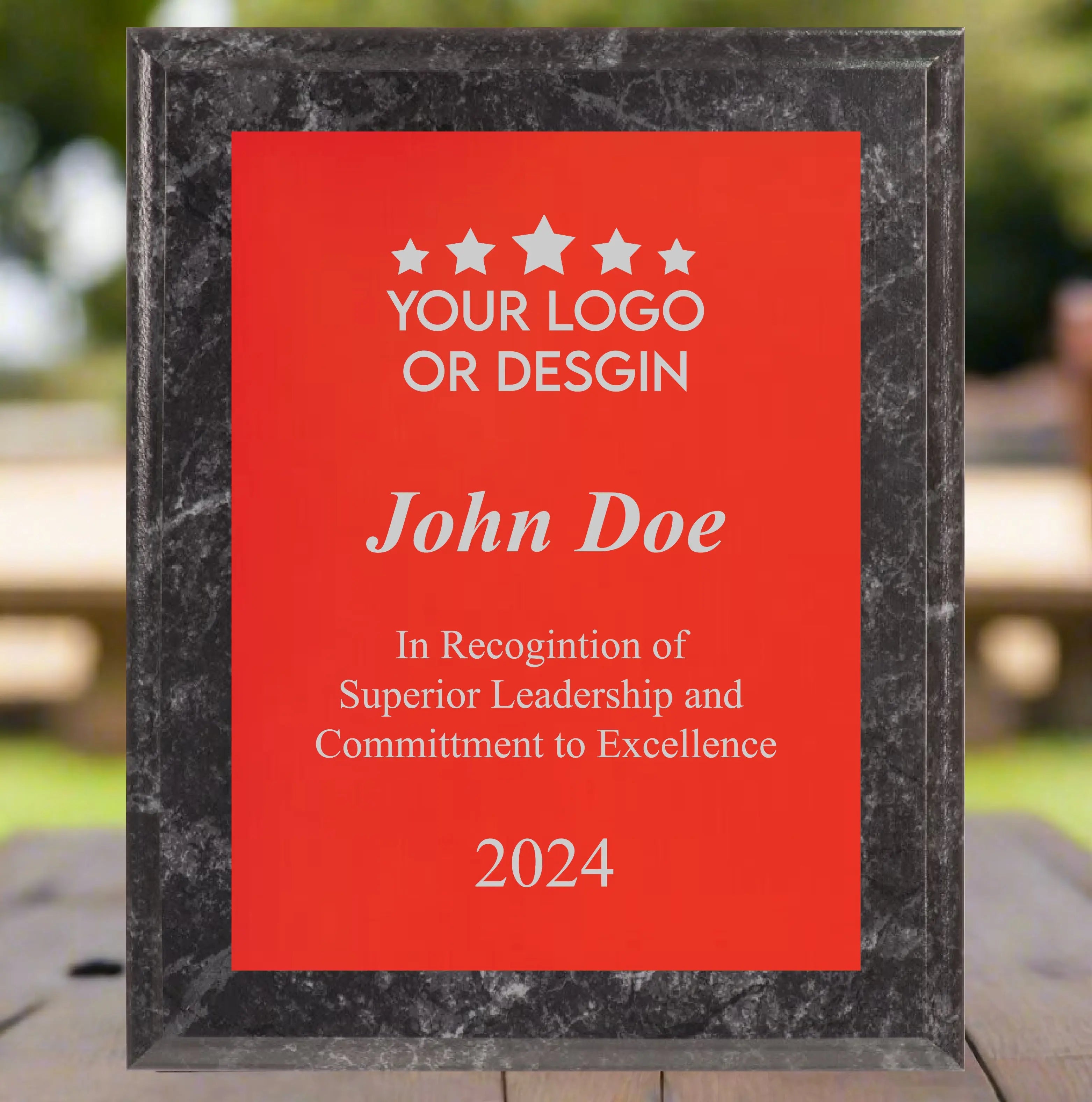 Economy Rounded Bevel Edge Black Marble Finish Plaque with Front Plate Color Options and 4 Border Options, 2 Sizes JDS