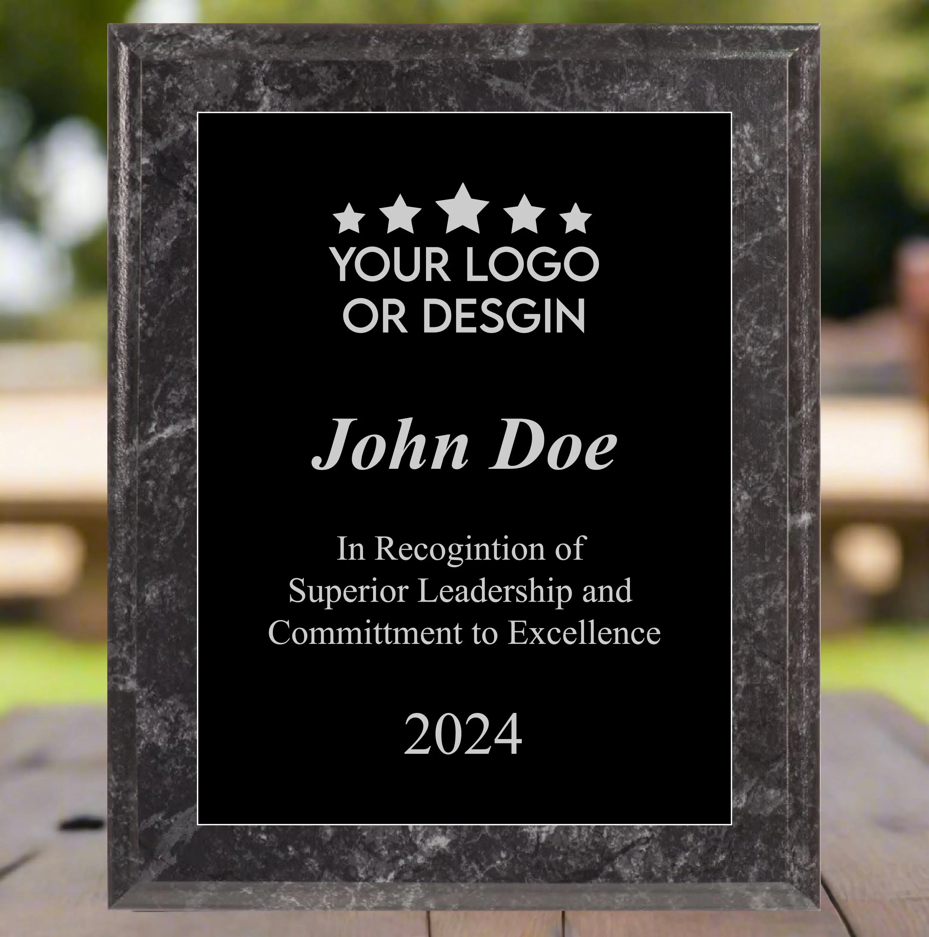 Economy Rounded Bevel Edge Black Marble Finish Plaque with Front Plate Color Options and 4 Border Options, 2 Sizes JDS