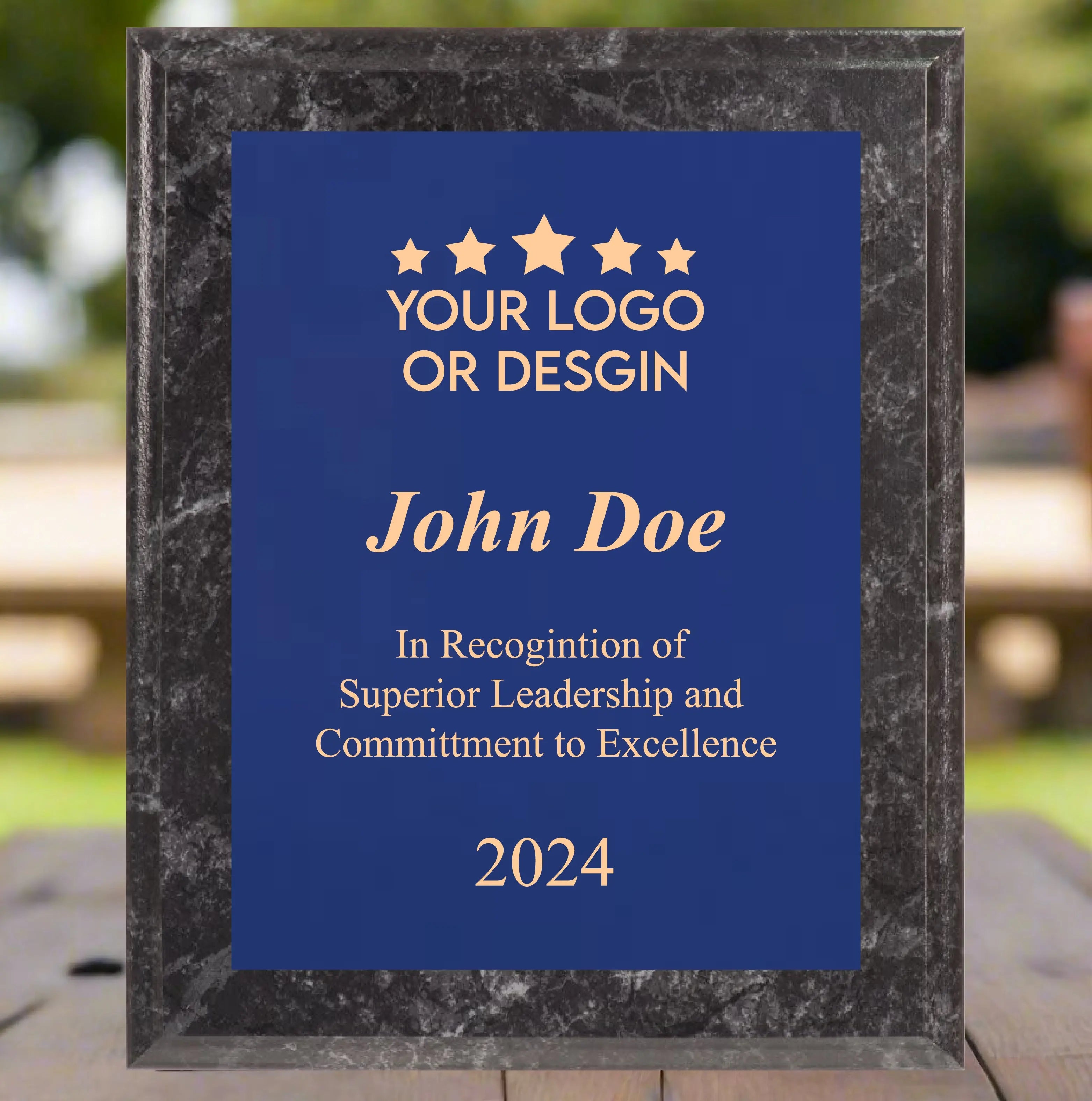 Economy Rounded Bevel Edge Black Marble Finish Plaque with Front Plate Color Options and 4 Border Options, 2 Sizes JDS