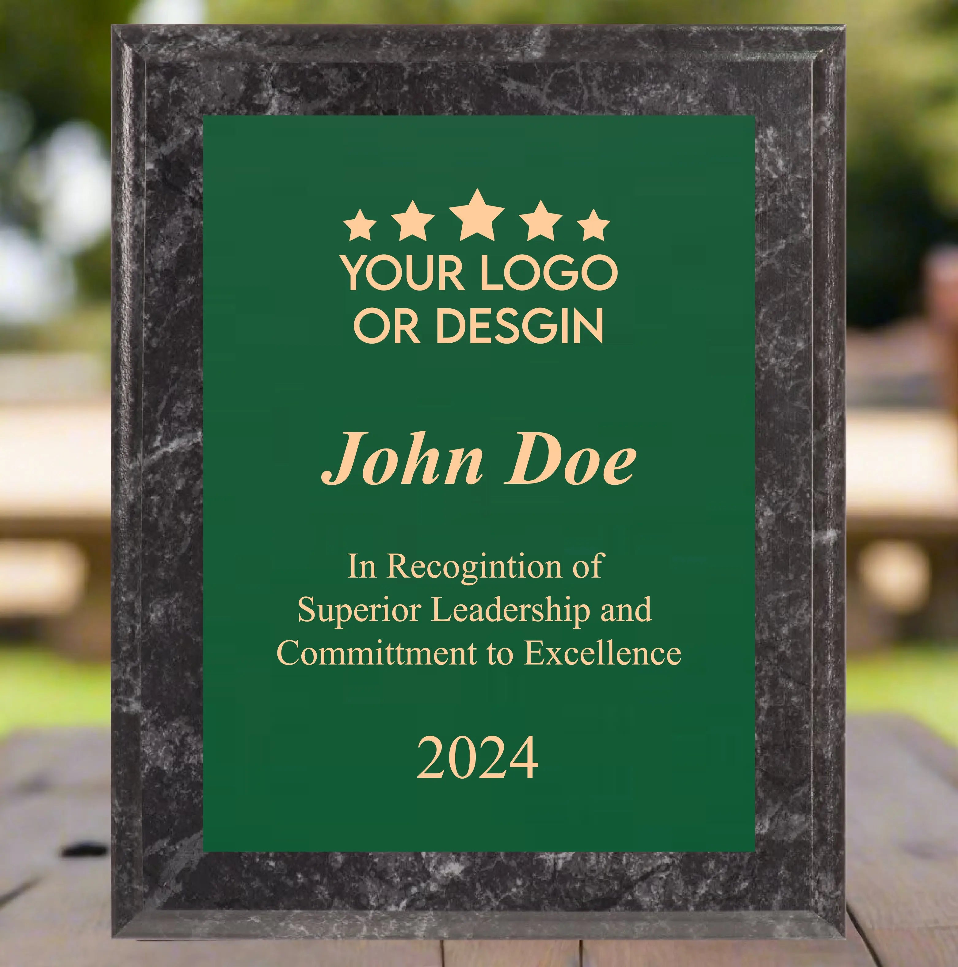 Economy Rounded Bevel Edge Black Marble Finish Plaque with Front Plate Color Options and 4 Border Options, 2 Sizes JDS