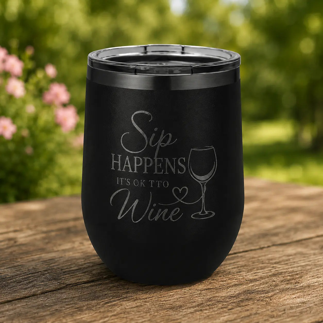 Personalized 12 oz. Ghost Black Stemless Wine Tumbler | Custom Laser Engraved Sams Engraving and Gifts