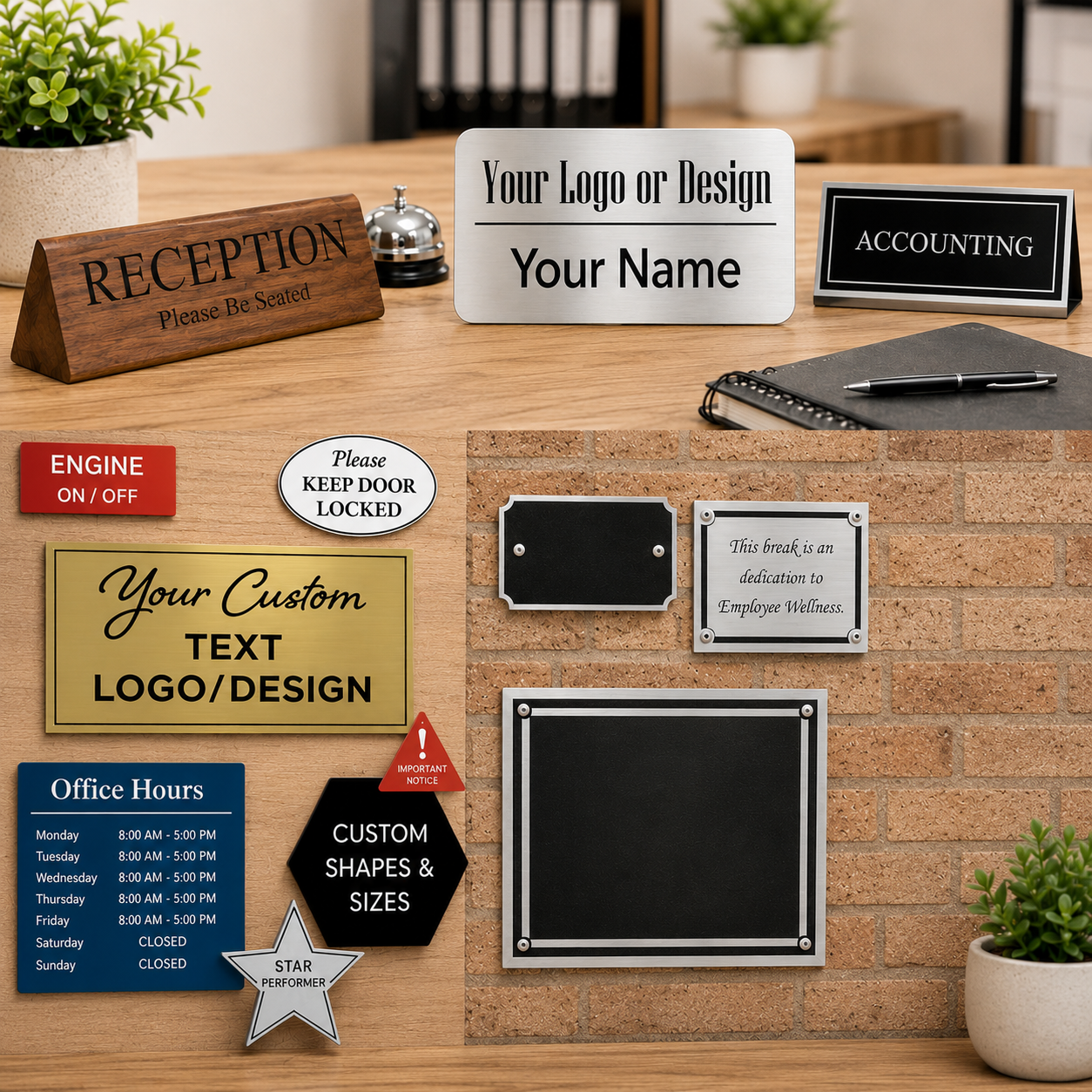 Collection image featuring custom business and office solutions including engraved desk wedges, name plates, plastic office signs, engraved wall plaques, equipment identification signs, and workplace signage for businesses and organizations.