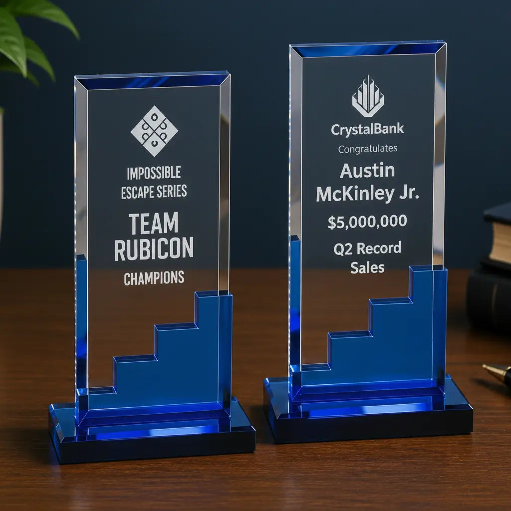 Personalized Crystal Blue Staircase Award | Custom Engraved Recognition Award Sams Engraving and Gifts