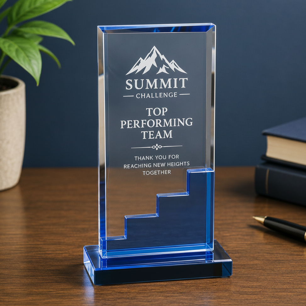 CRY263L personalized blue crystal recognition award displayed on a wooden desk in a professional office setting with custom team achievement engraving, blue crystal accents, and a polished crystal base.