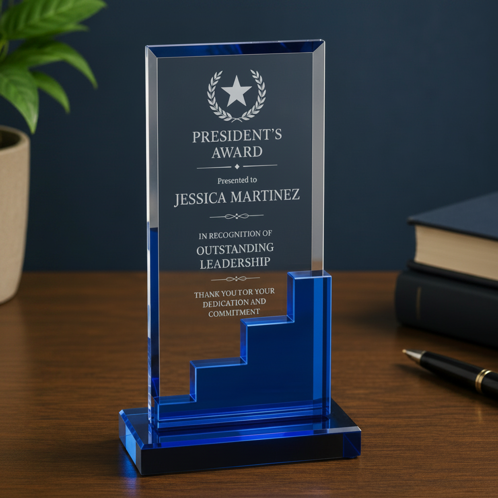 CRY263M personalized blue crystal recognition award displayed on a wooden desk in a professional office setting with custom President's Award engraving, blue crystal accents, and a polished crystal base.