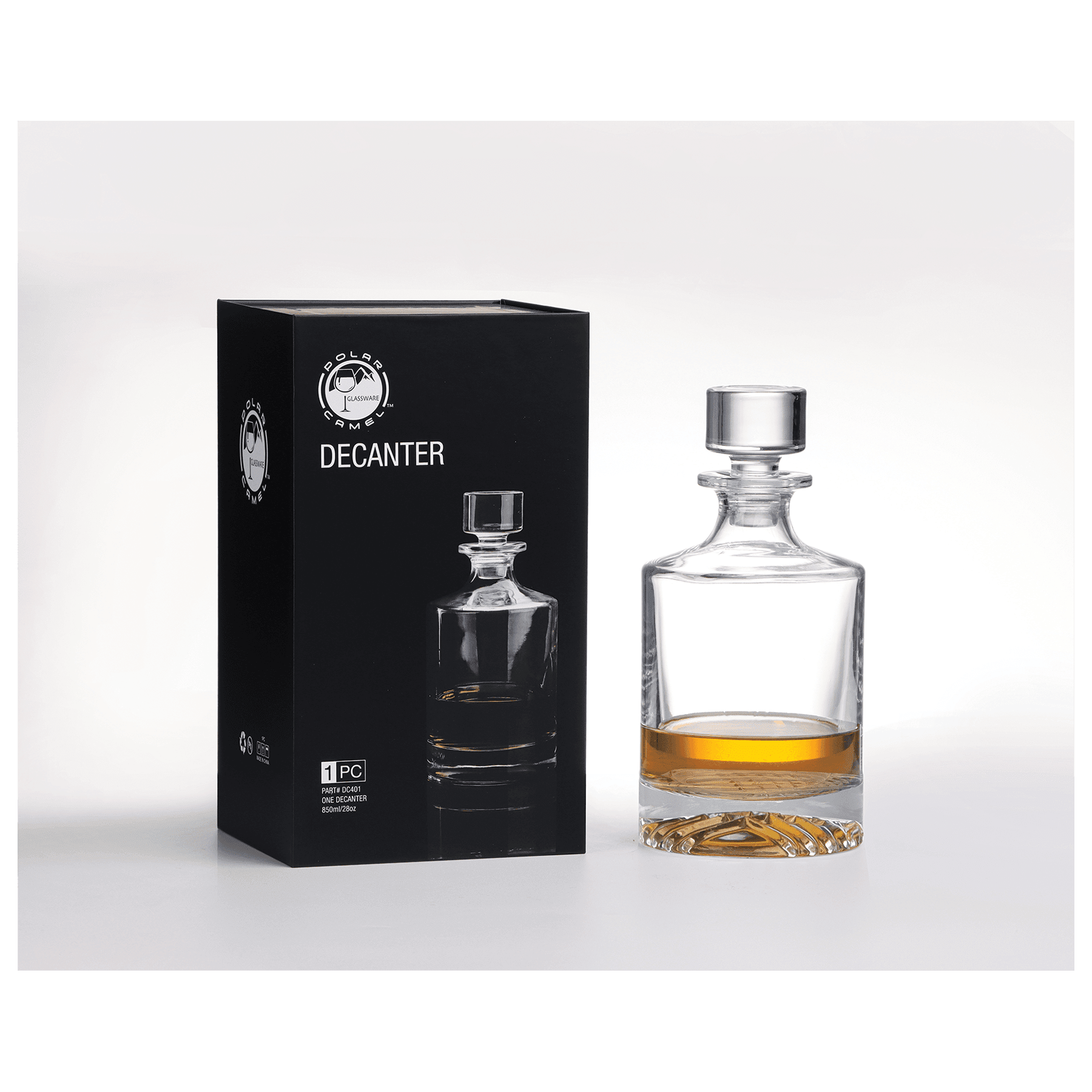 Custom Engraved 850mL Glass Decanter with gift box - Close-up detail showing premium glass construction and Personalization engraving Area.