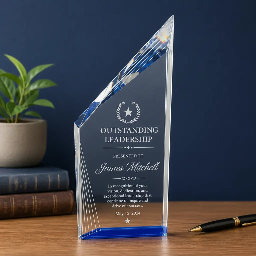 Personalized Crystal Beveled Peak Award with Blue Base | Custom Engraved Recognition Award Sams Engraving and Gifts