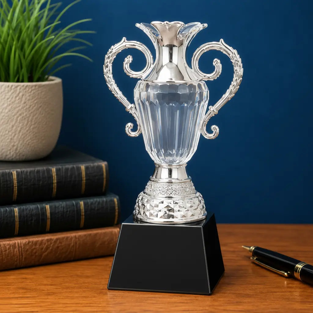 Personalized Crystal Cup Award with Silver Handles | Custom Engraved Recognition Award Sams Engraving and Gifts