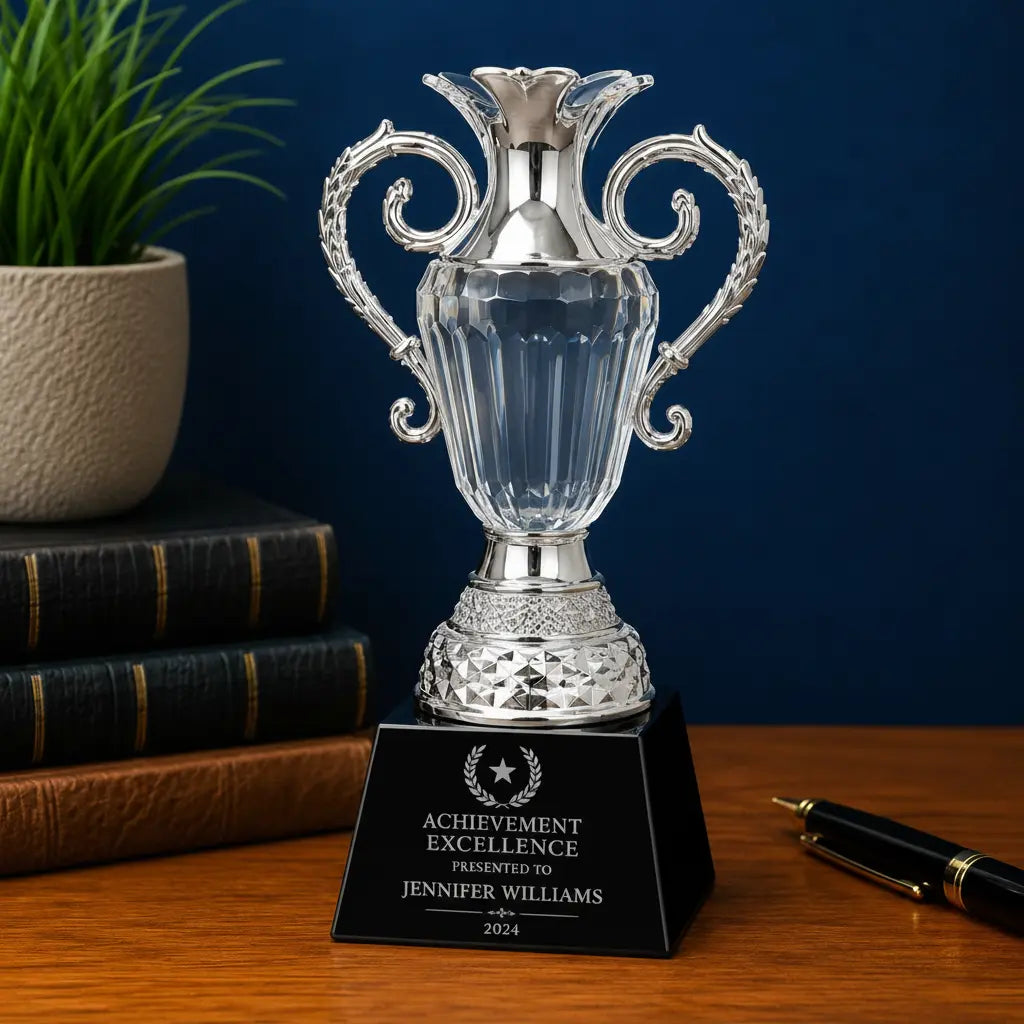 Personalized Crystal Cup Award with Silver Handles | Custom Engraved Recognition Award Sams Engraving and Gifts